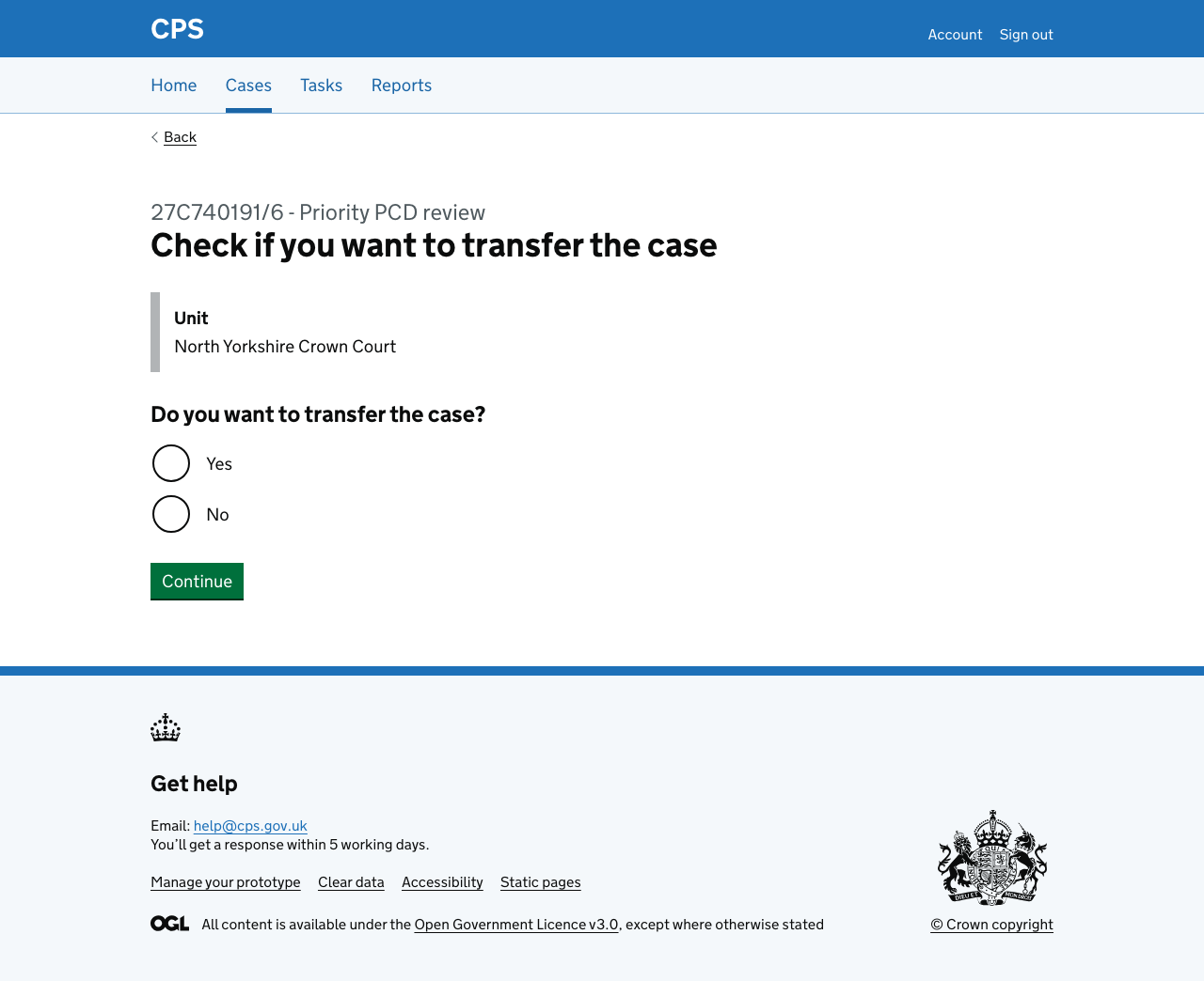 Screenshot of transfer question page