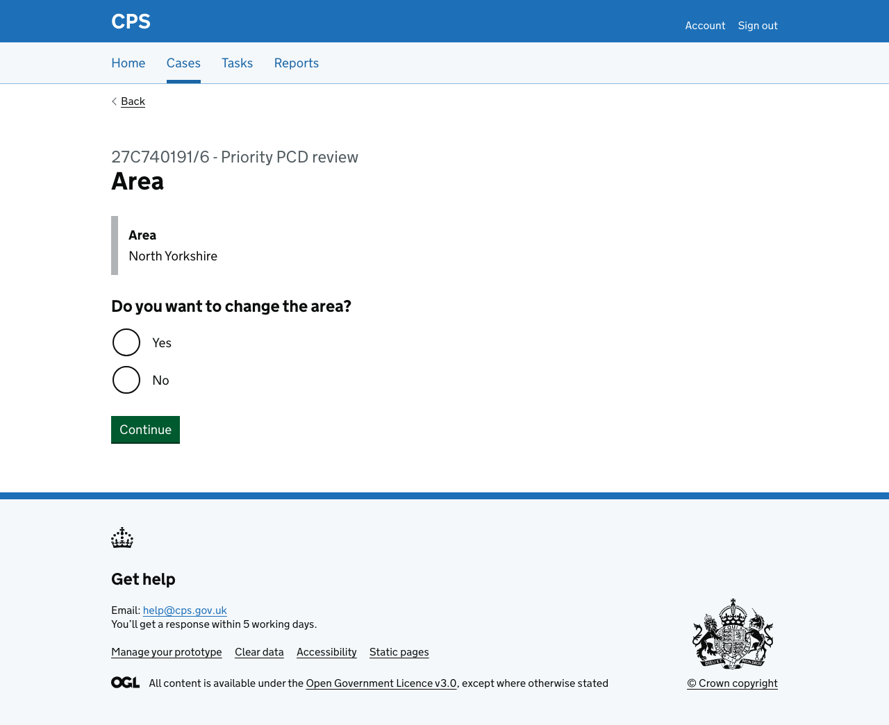 Screenshot of change area question
