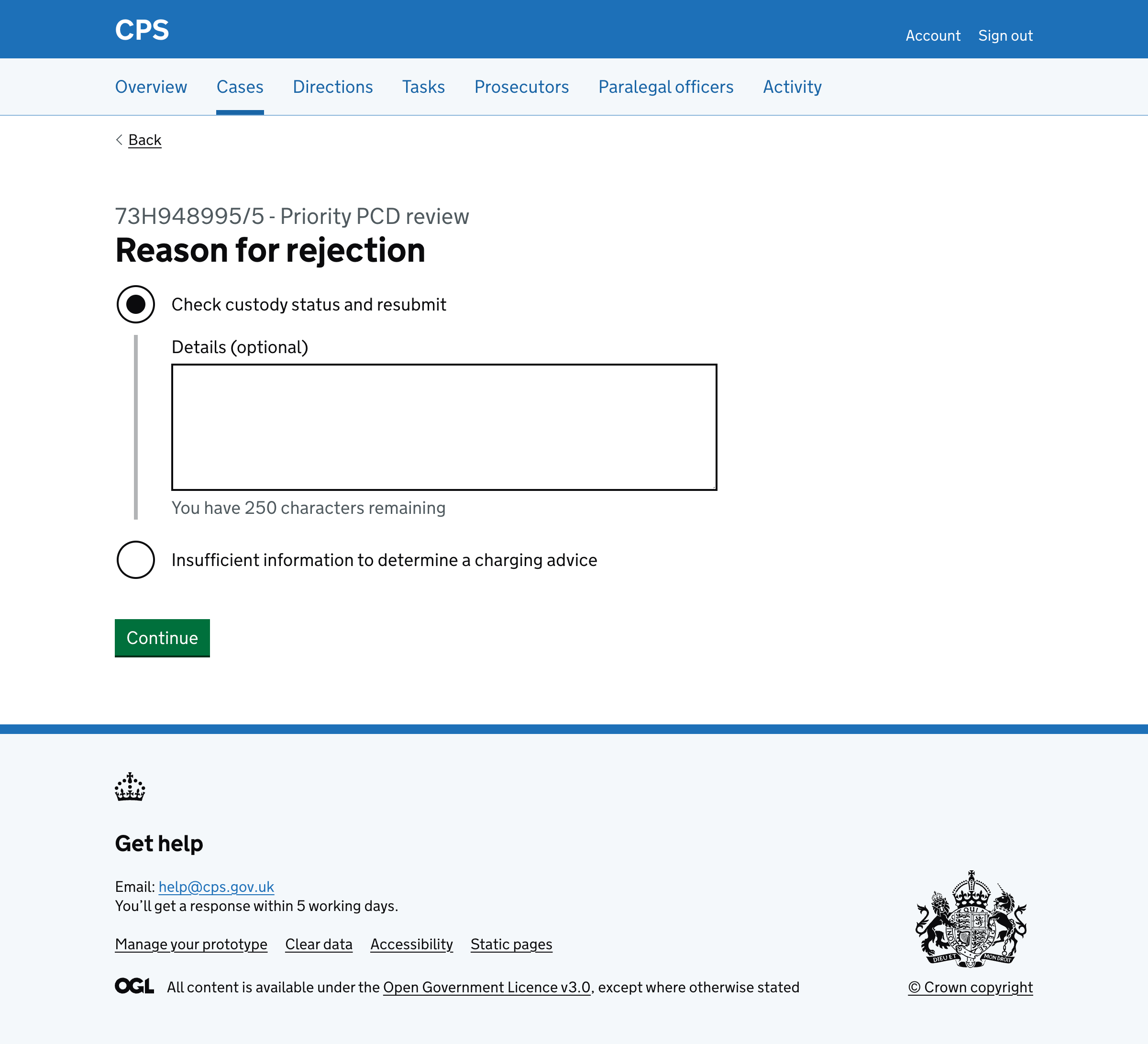 Screenshot of Priority/Red rejection reasons conditional reveal
