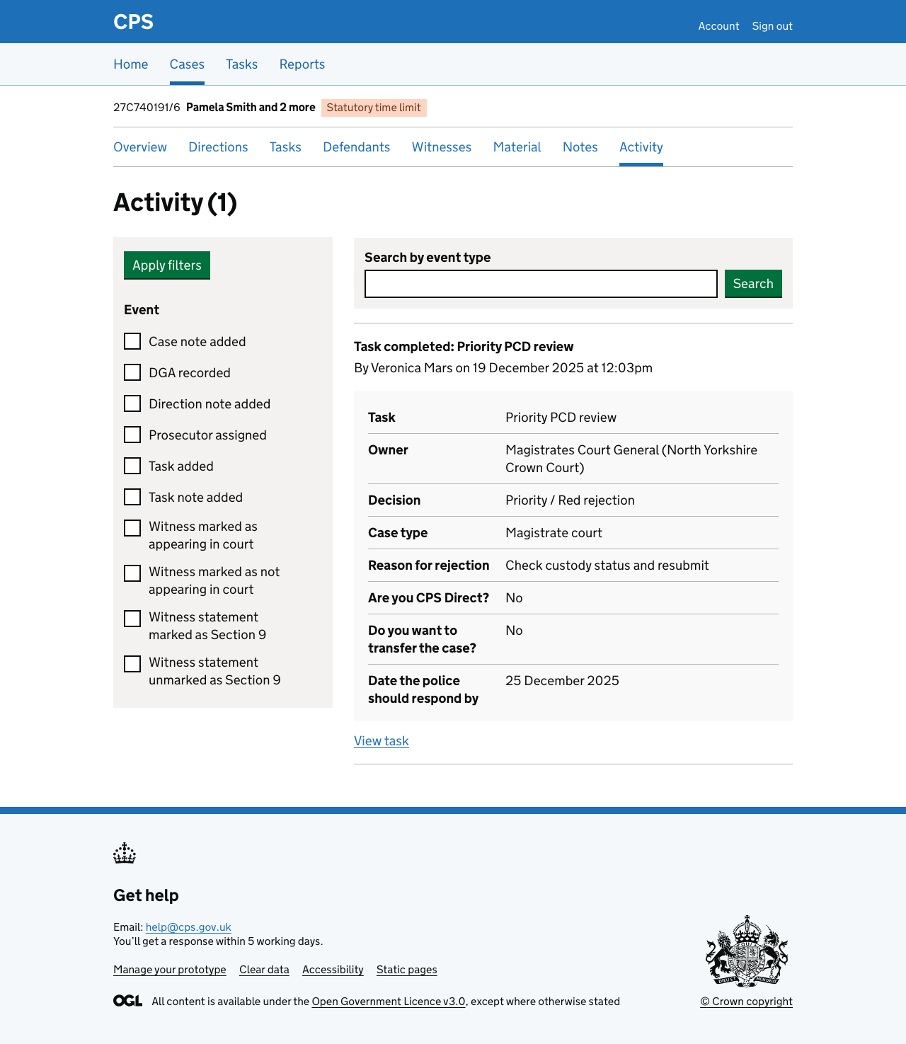 Screenshot of activity log entry