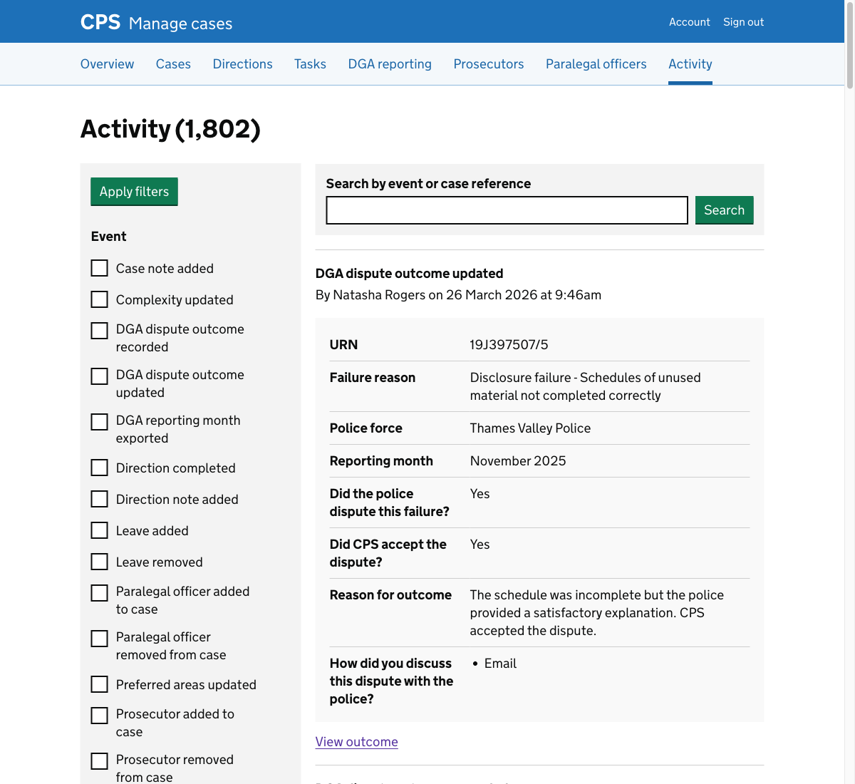 The global activity log showing a "DGA dispute outcome recorded" entry at the top, alongside other event types from different cases.