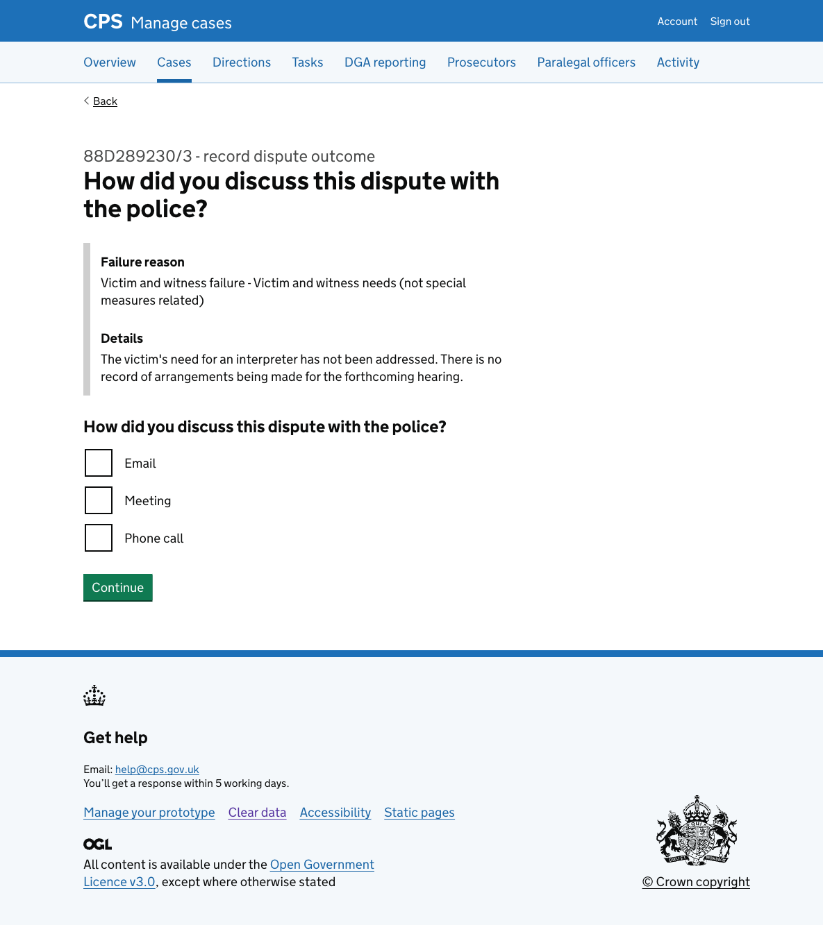 The "How did you discuss this dispute with the police?" page, showing the failure reason inset and checkboxes for Email, Meeting, and Phone call.