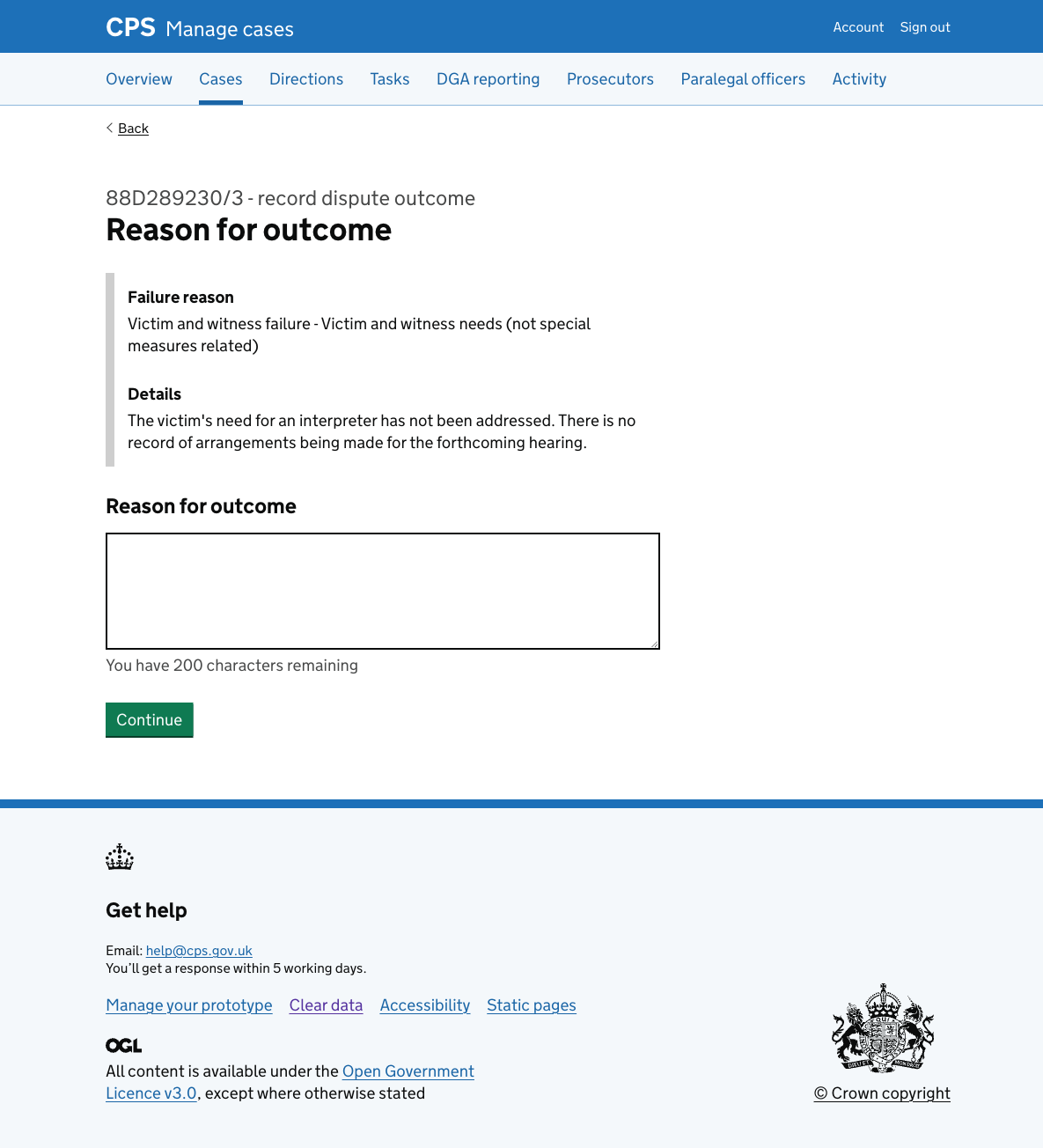 The "Reason for outcome" page, showing the failure reason inset and a character count text area.