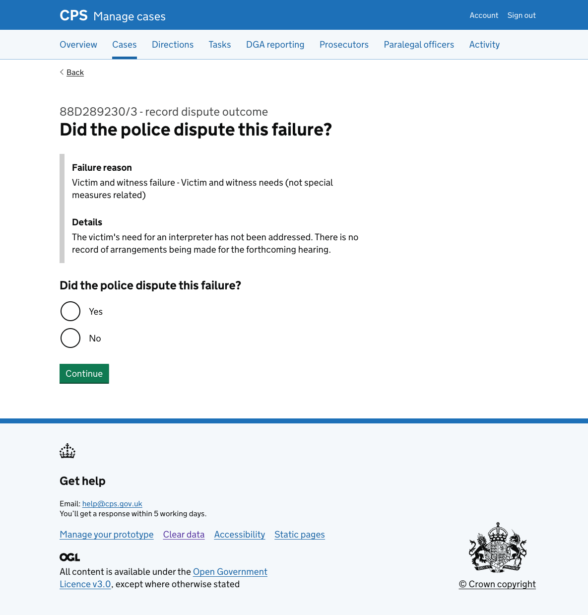 The "Did the police dispute this failure?" page. The caption reads "88D289230/3 - Record dispute outcome". An inset shows the failure reason "Evidential failure - Medical evidence" and its details. Below is a Yes/No radio question.
