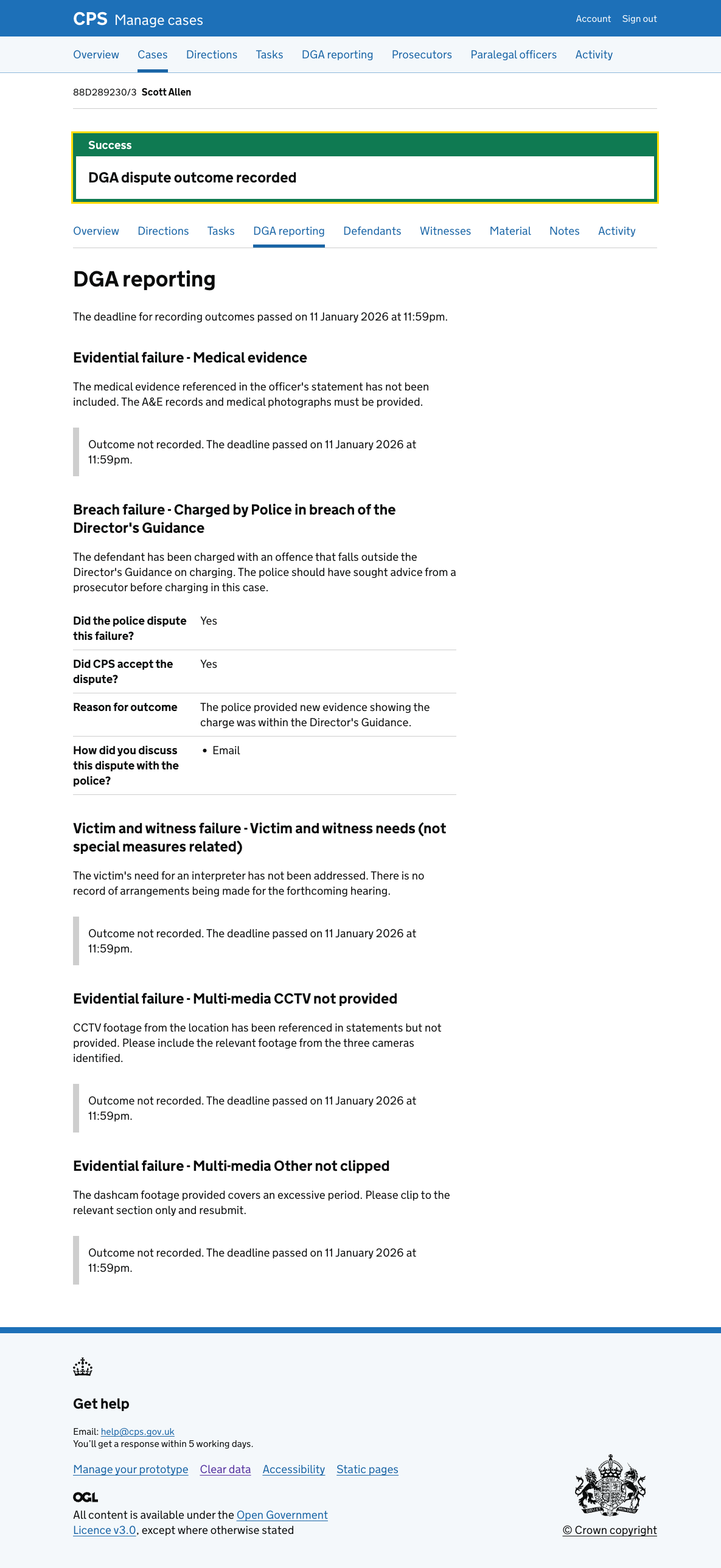 The DGA reporting tab with a green success banner reading "DGA dispute outcome recorded". The failure reason that was updated now shows a summary list with the recorded answers.