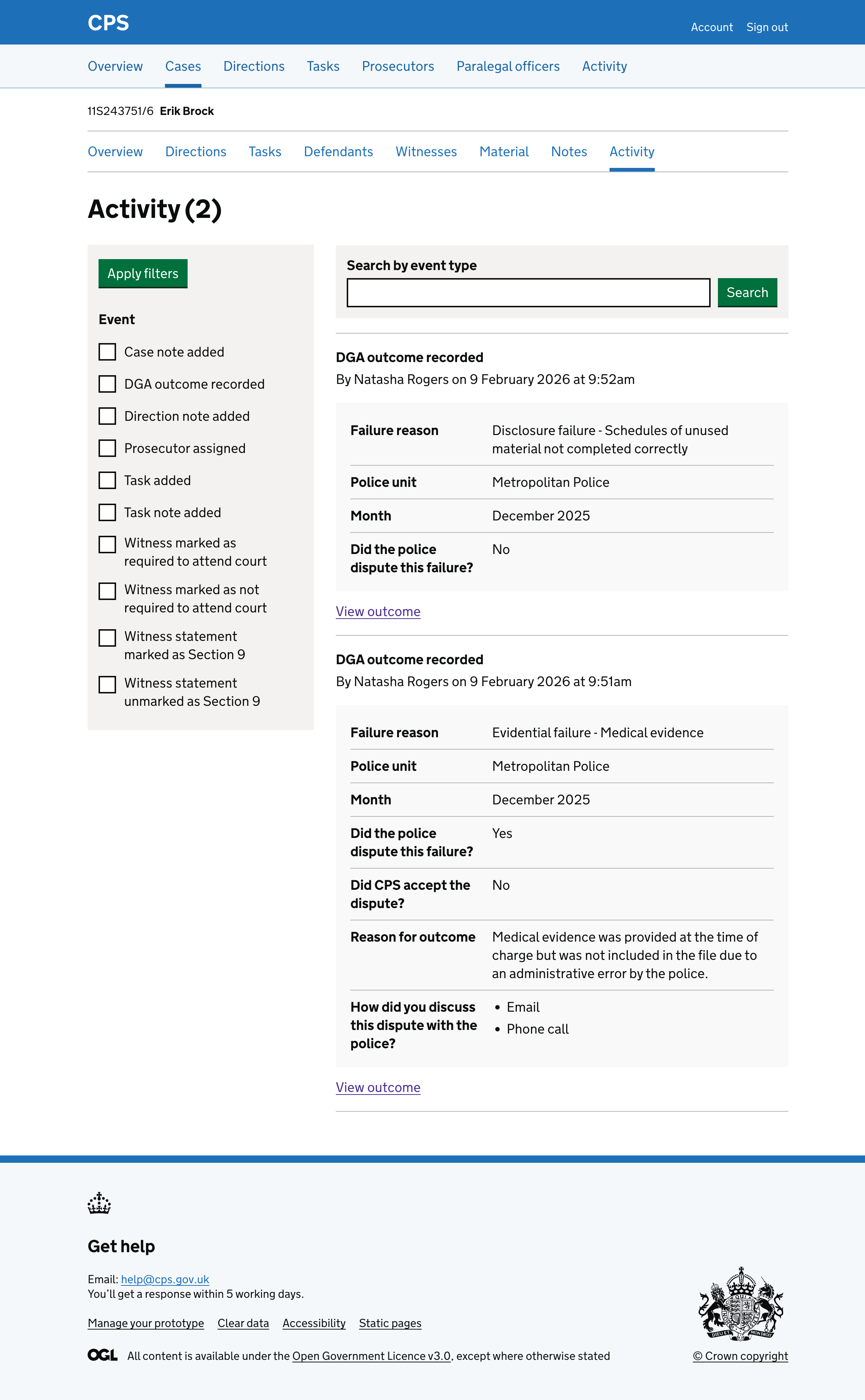 The case activity log showing two "DGA outcome recorded" entries by Natasha Rogers, one for a not-disputed failure and one for a disputed failure with full outcome details.