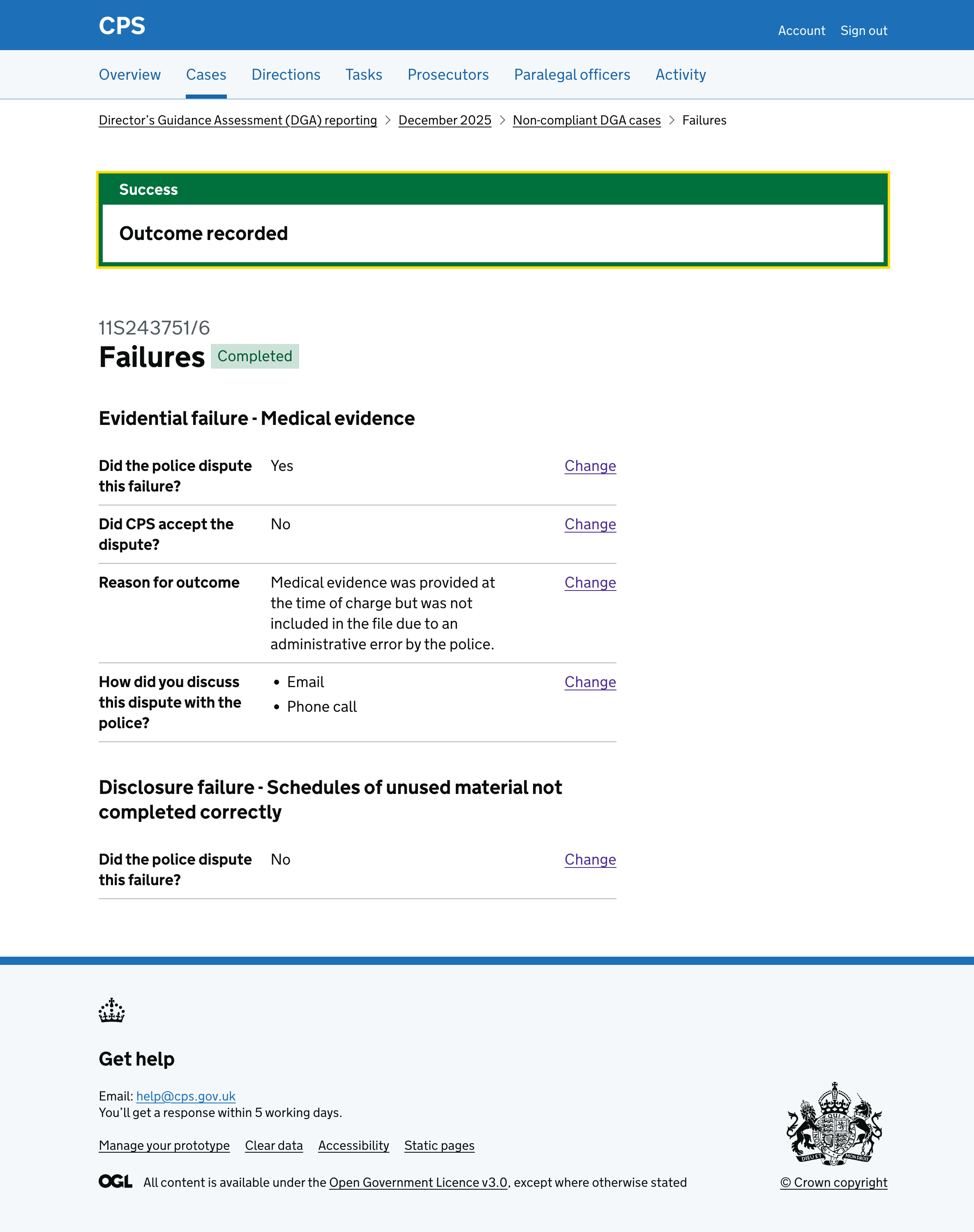 The case failures page with both failures completed, showing a "Completed" tag and summary lists for both outcomes.