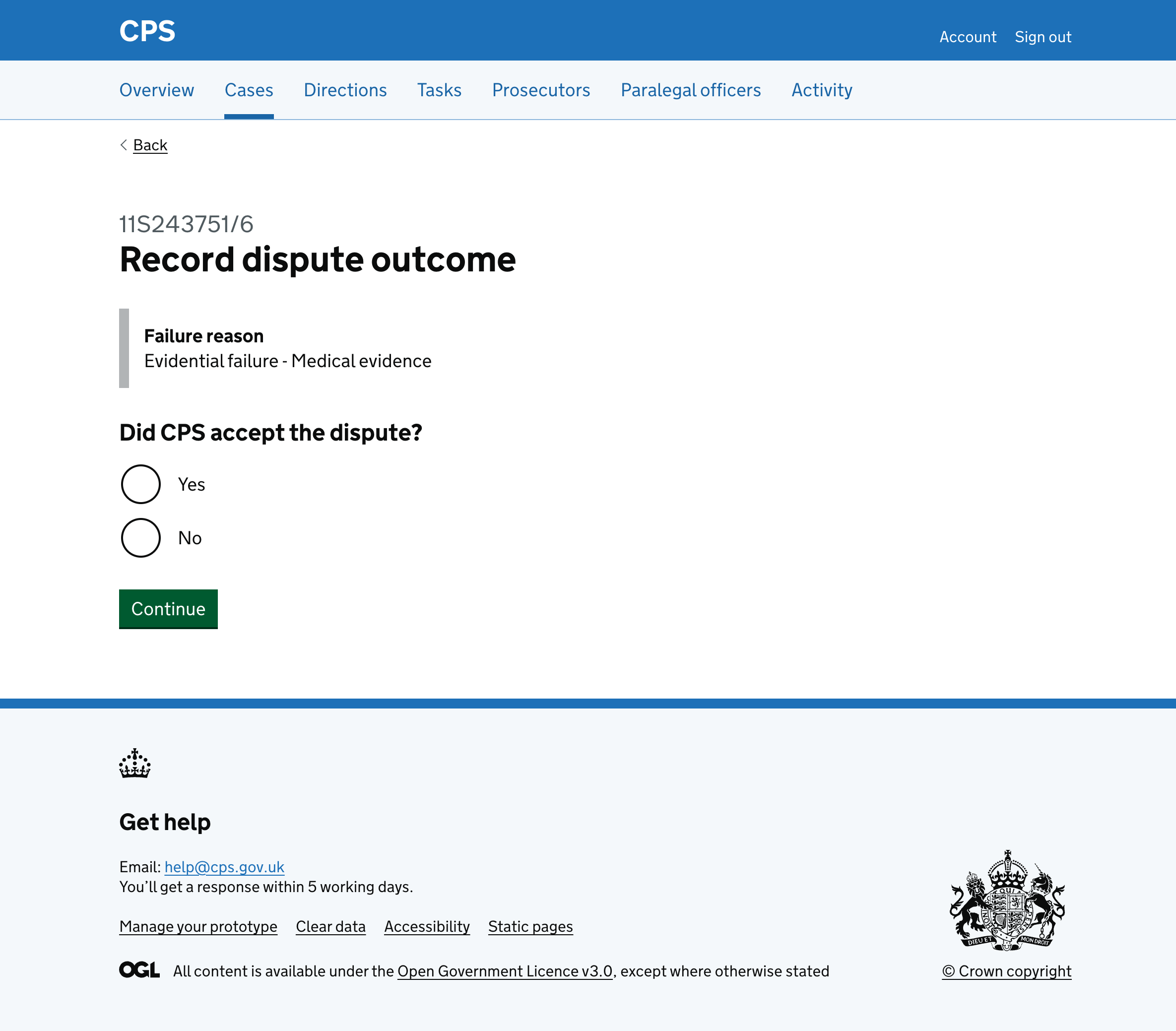 The second step asking "Did CPS accept the dispute?" with Yes and No radio buttons.