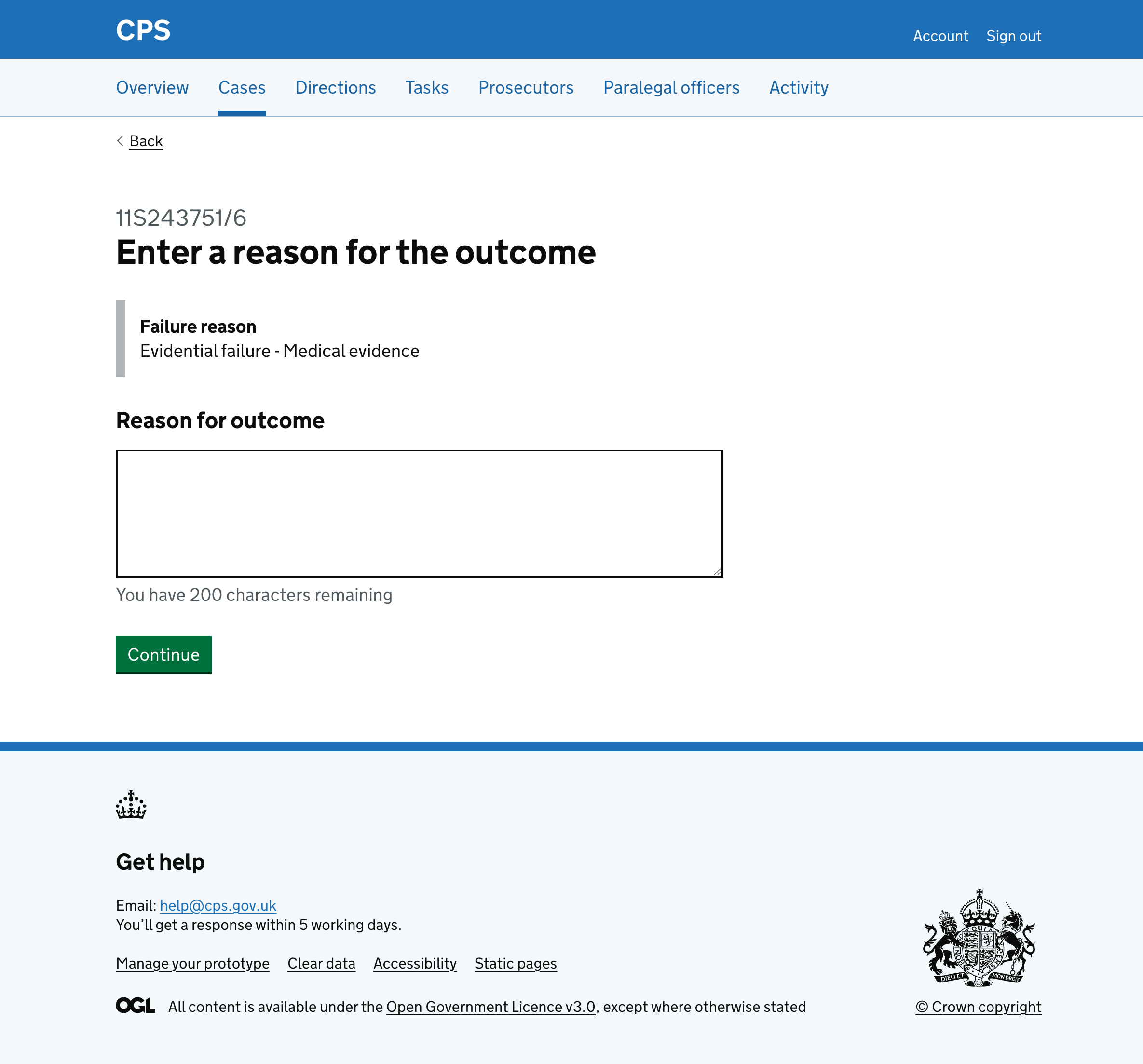 The third step asking for a reason for the outcome with a character count textarea.
