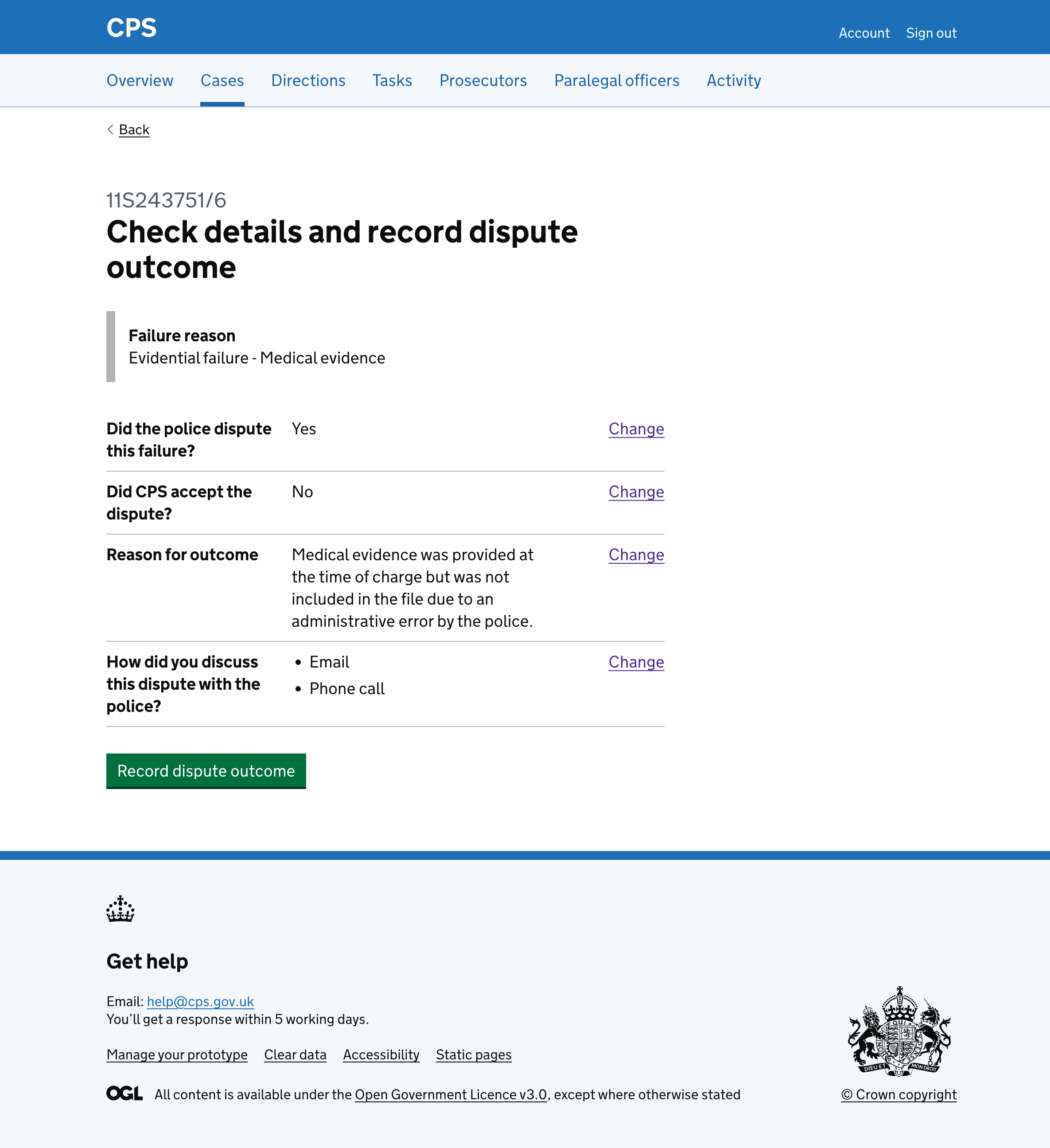 The check answers page showing all four answers in a summary list with Change links, and a "Record dispute outcome" button.