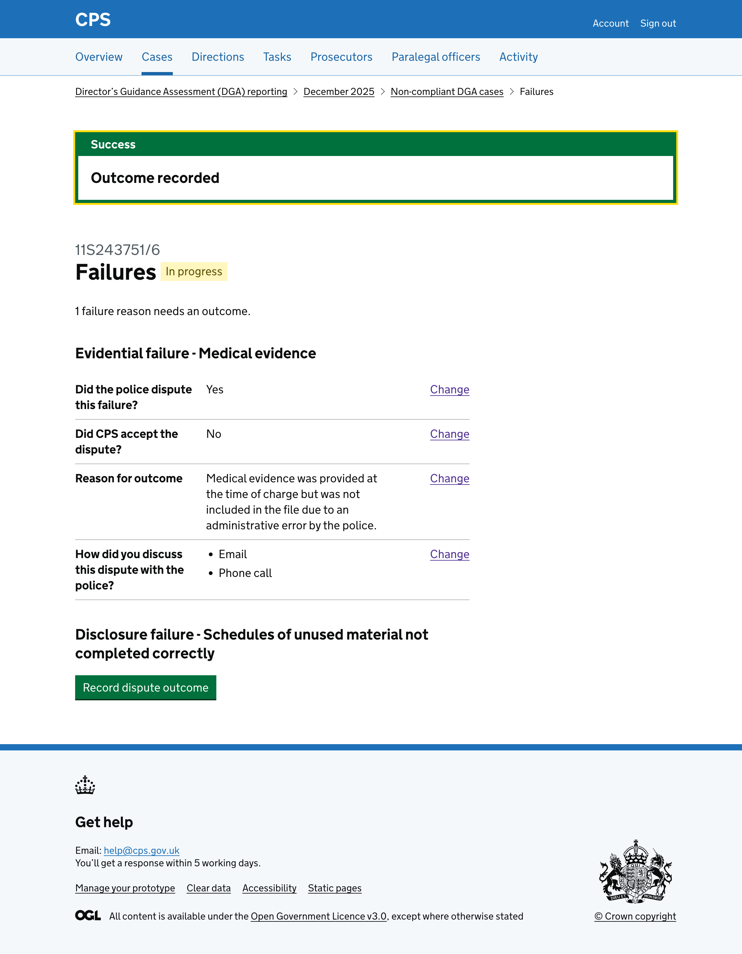 The case failures page after recording an outcome for the first failure, showing a success banner, an "In progress" tag, and the first failure's outcome displayed in a summary list.