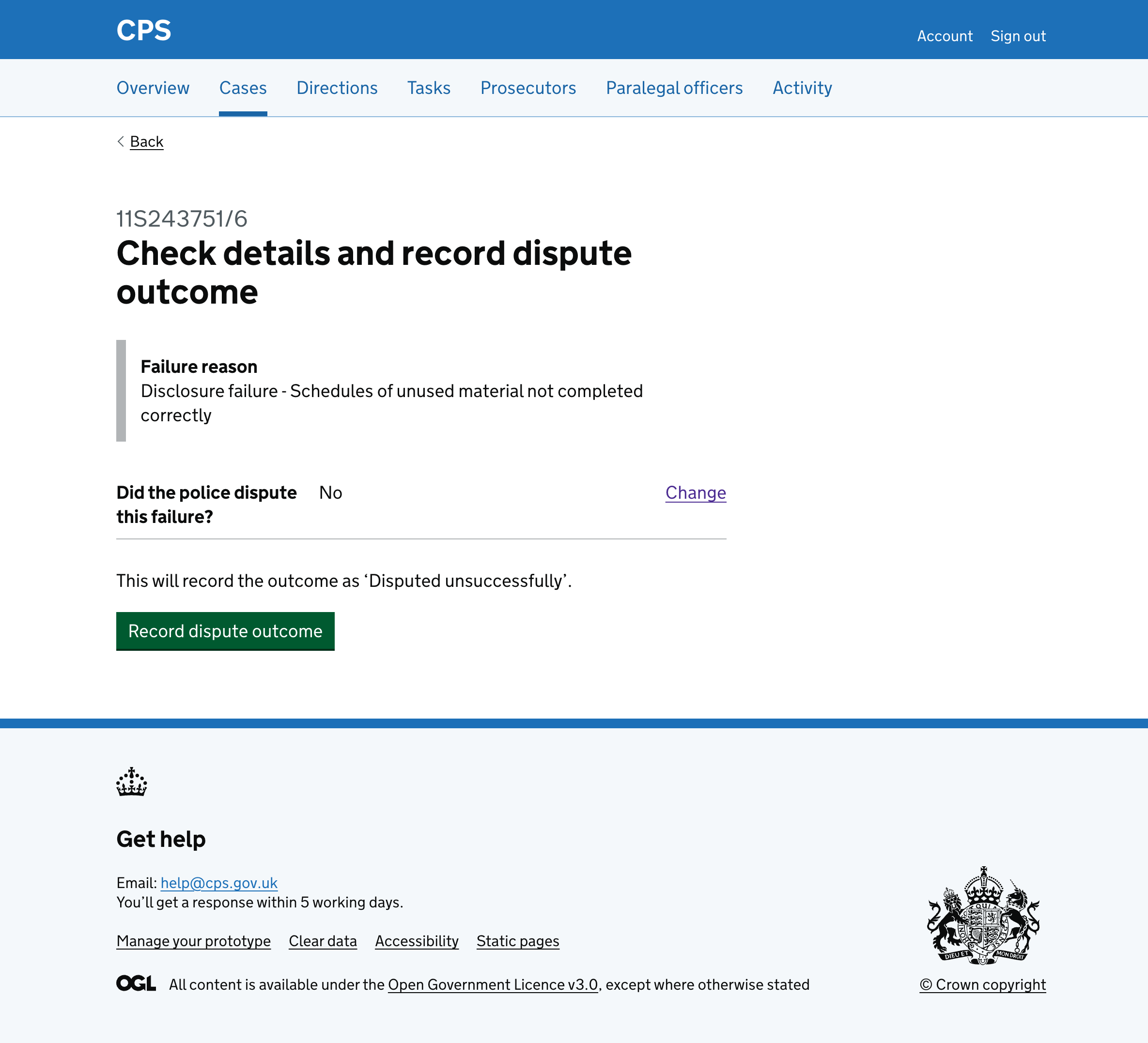 The check answers page for a not-disputed failure showing only "Did the police dispute this failure? No" and a message saying the outcome will be recorded as "Disputed unsuccessfully".