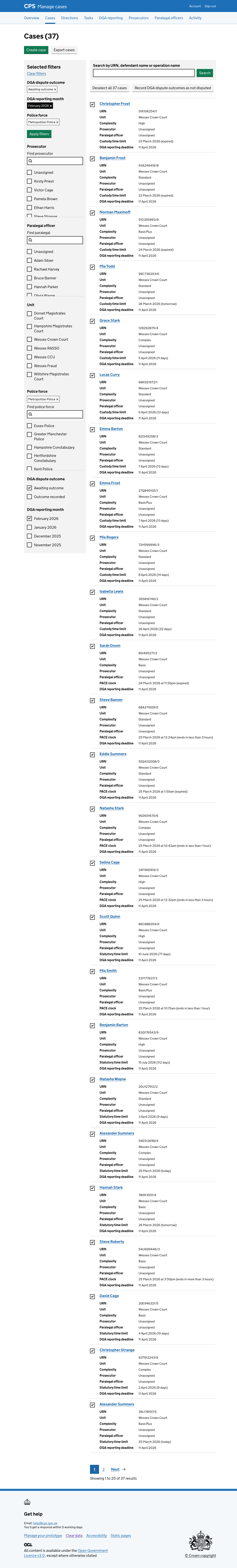 The case list with all 37 cases selected. All checkboxes are checked. The button now reads "Deselect all 37 cases".