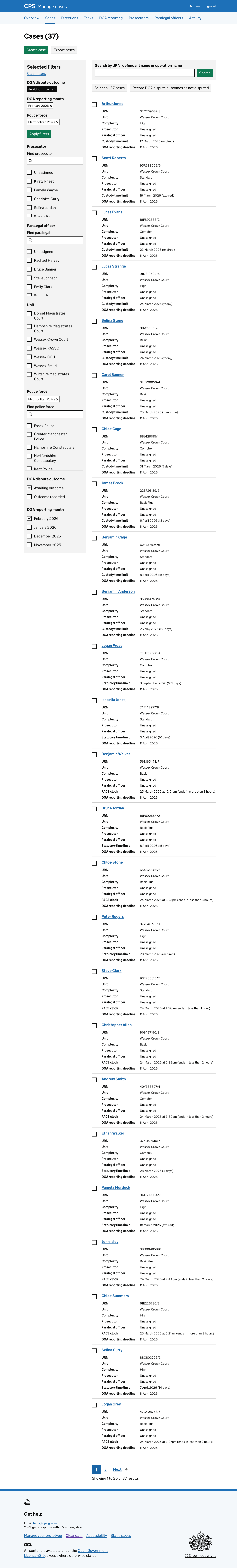 The case list filtered to Metropolitan Police, February 2026, and Awaiting outcome. Each case has a checkbox. Above the list are the buttons "Select all 37 cases" and "Record DGA dispute outcomes as not disputed".