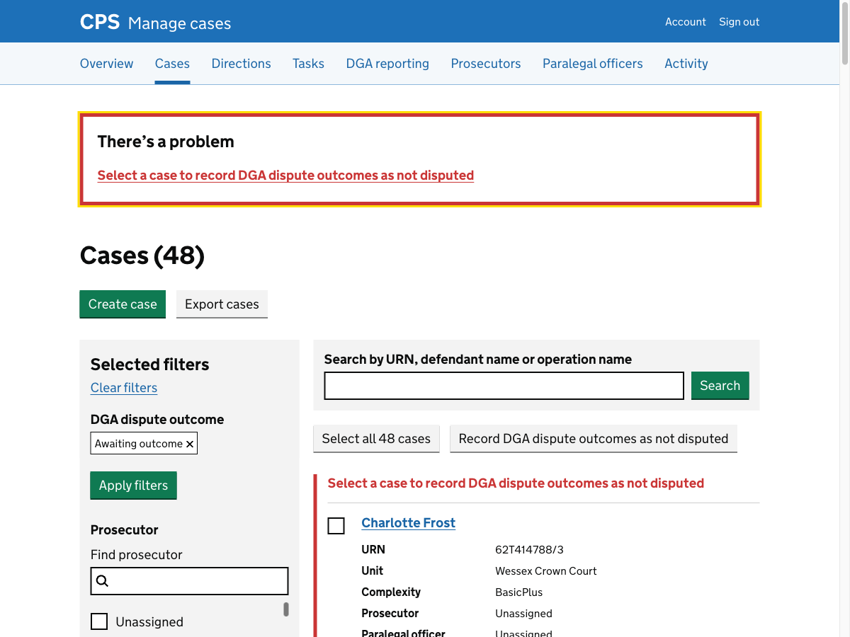 The case list showing a 'There's a problem' error summary and inline error reading "Select a case to record DGA dispute outcomes as not disputed". No cases are checked.