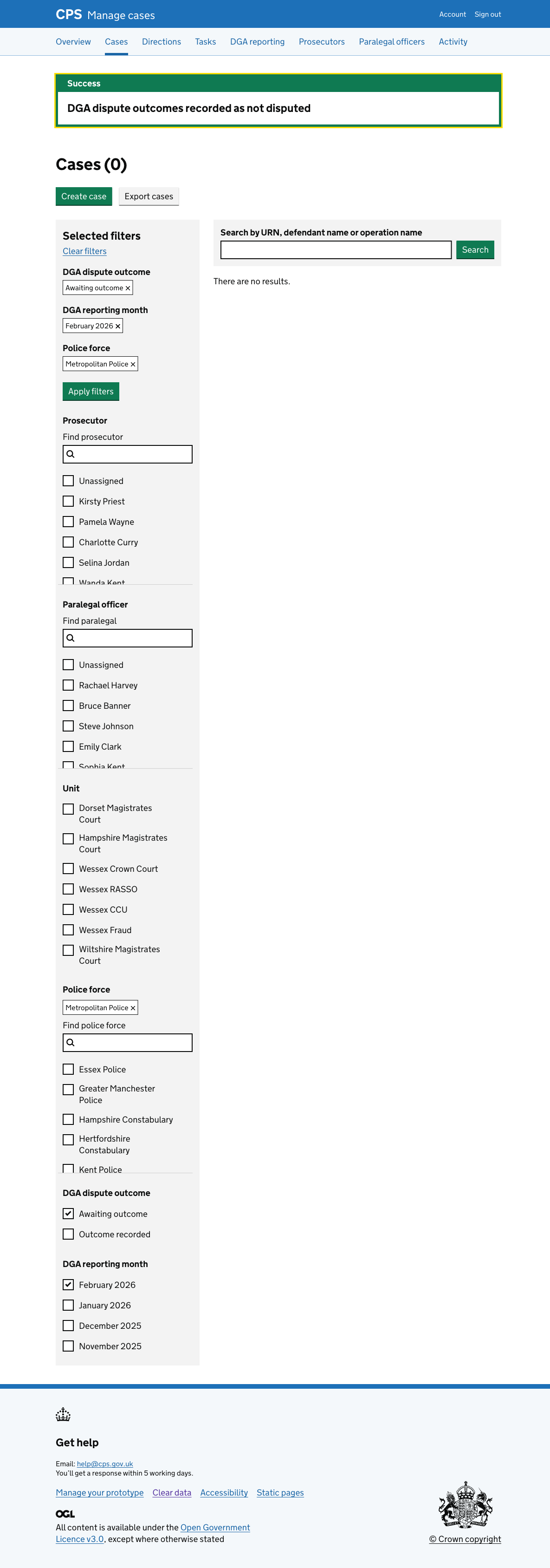 The case list with a green success banner reading "DGA dispute outcomes recorded as not disputed". The list shows "Cases (0)" and "There are no results." because all outcomes have now been recorded.