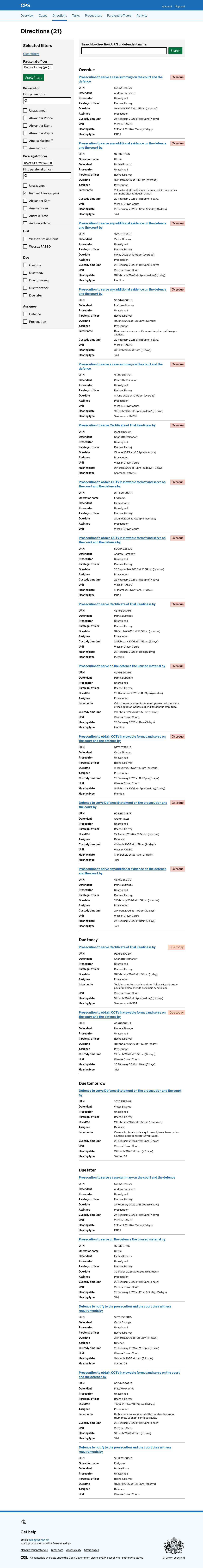 The direction list for Rachael Harvey showing 21 directions filtered to her as paralegal officer, grouped under Overdue, Due today, Due tomorrow, Due this week, and Due later headings.
