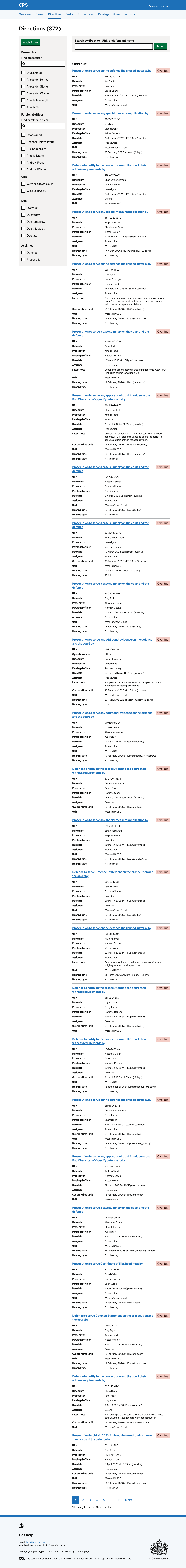 The direction list with no filters applied, showing 372 directions across all units.