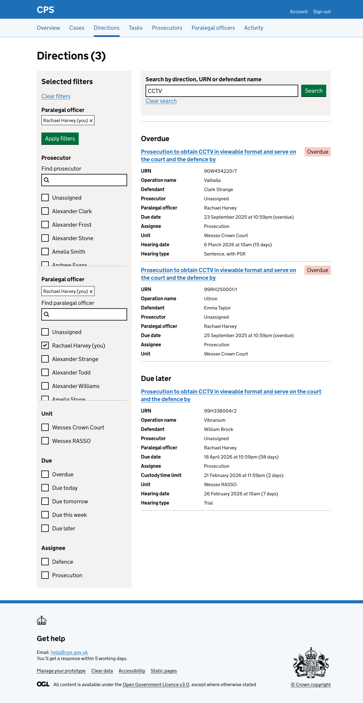 The direction list showing 3 results after searching for "CCTV", filtered to Rachael Harvey as paralegal officer, with directions grouped under Overdue and Due later headings.