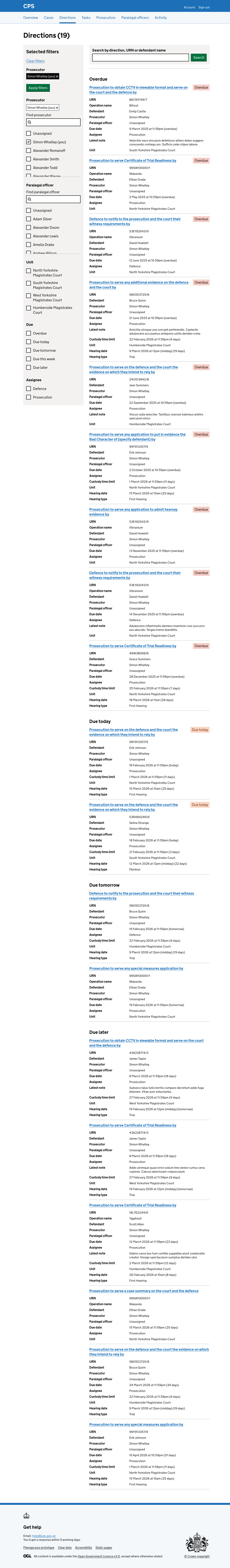 The direction list for Simon Whatley (a prosecutor) showing 19 directions filtered to him as prosecutor, grouped under Overdue, Due today, Due tomorrow, and Due later headings.