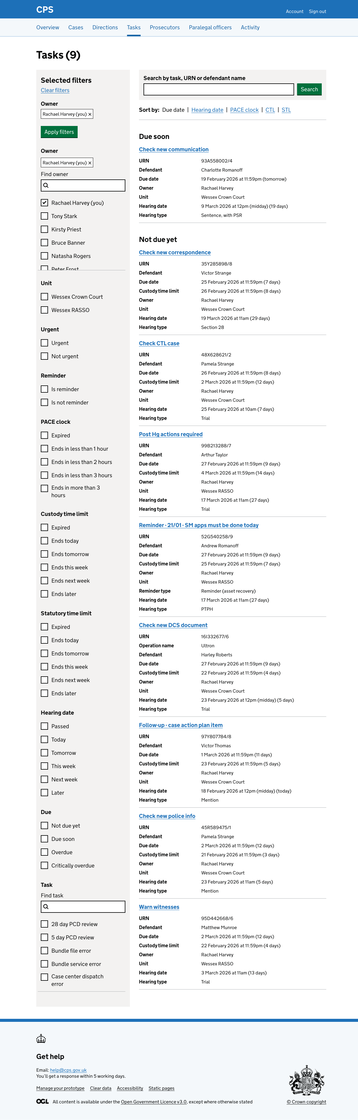 The task list for Rachael Harvey showing 9 tasks filtered to her as the owner, grouped under Critically overdue, Overdue, Due soon, and Not due yet headings. Each task card shows relevant context including URN, defendant, due date, time limits, and hearing dates where applicable.