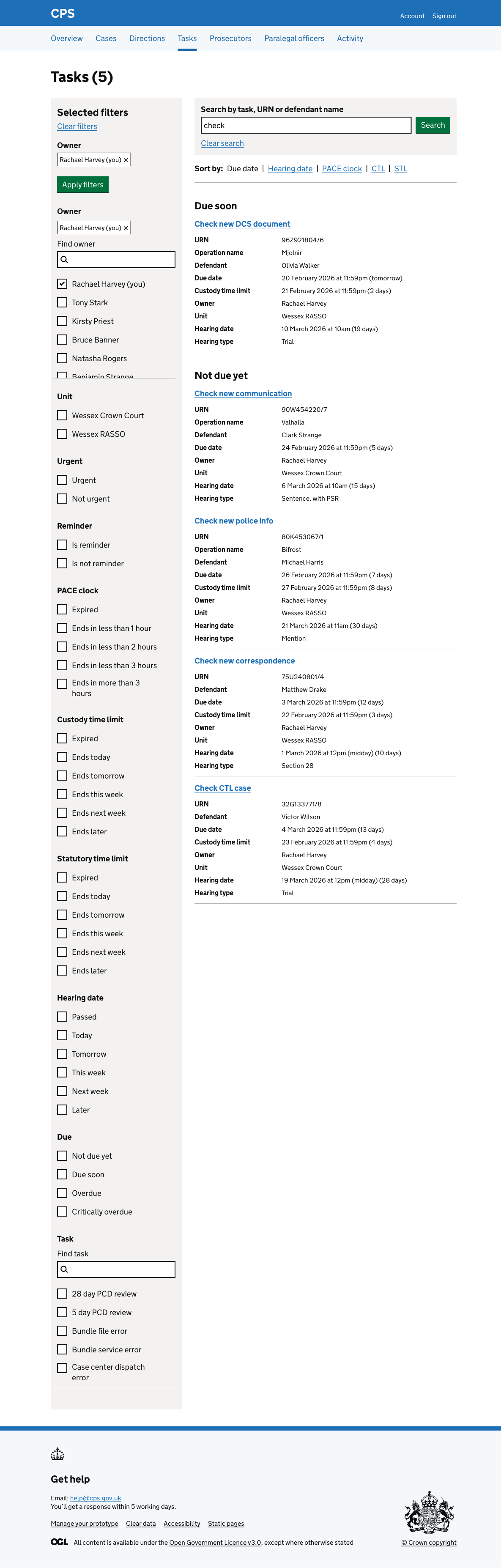 The task list showing 5 results after searching for "check", filtered to Rachael Harvey as owner, with tasks grouped under Due soon and Not due yet headings.
