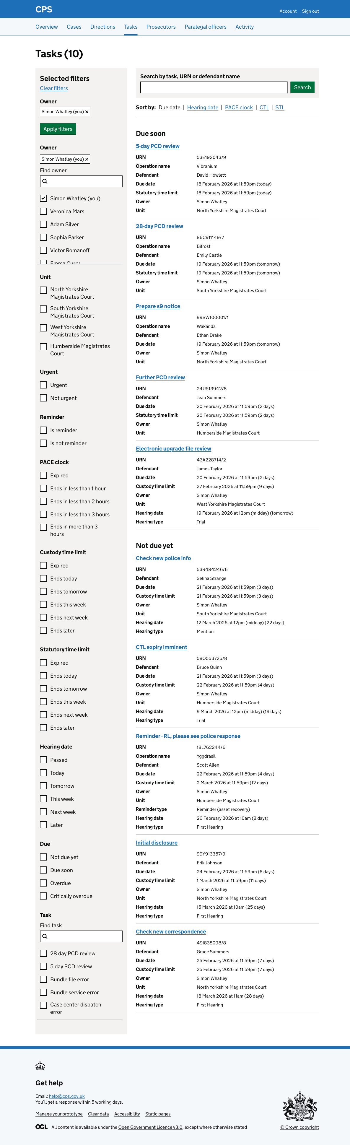 The task list for Simon Whatley (a prosecutor), showing Tasks (10) filtered to him as owner. Tasks are grouped by Due soon and Not due yet.