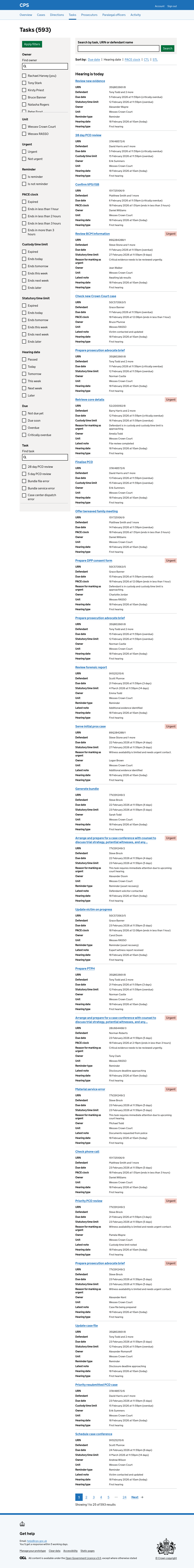 The task list sorted by hearing date, grouping tasks by when their associated hearing is scheduled -including an overdue hearing group, followed by date-based groups, and a group for tasks with no hearing date.
