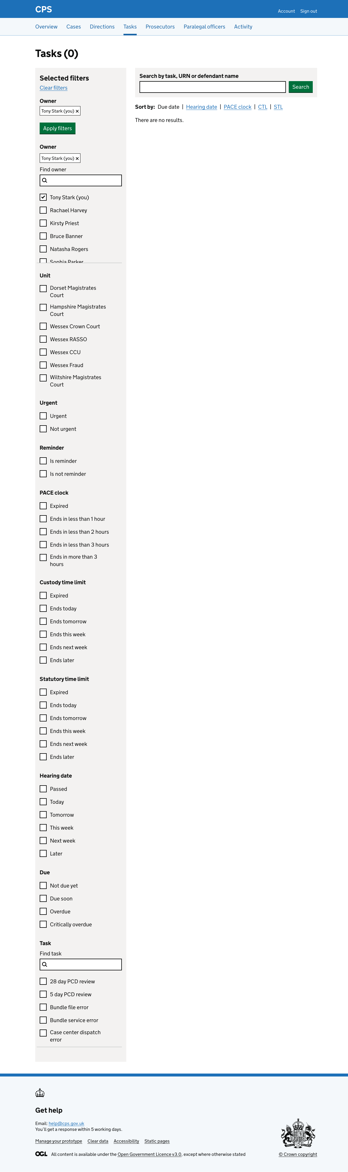 The task list for Tony Stark (a casework assistant), showing Tasks (0) with the owner filter set to his name. The filter panel lists his units and admin pool options in the owner section.