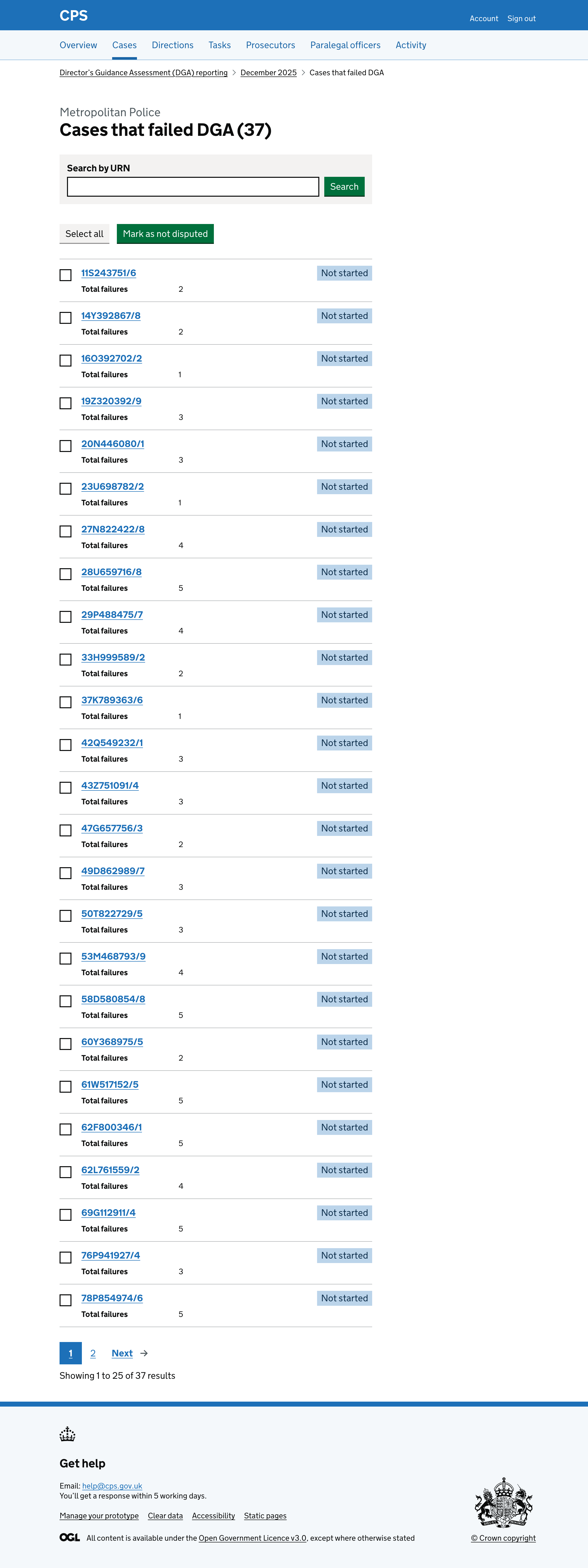 The case list page for Metropolitan Police showing 37 cases that failed DGA, each with a "Not started" tag, checkboxes for bulk selection, a "Select all" button, and a "Mark as not disputed" button.