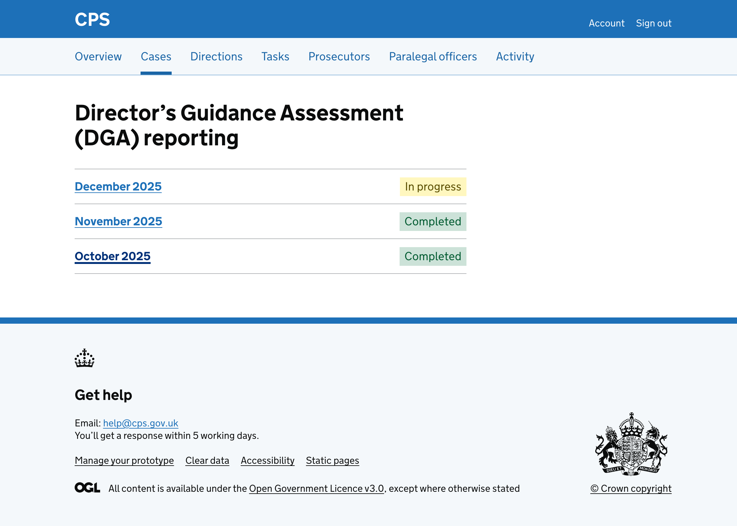 The DGA reporting hub page showing three months: December 2025 with an "In progress" tag, November 2025 with a "Completed" tag, and October 2025 with a "Completed" tag.