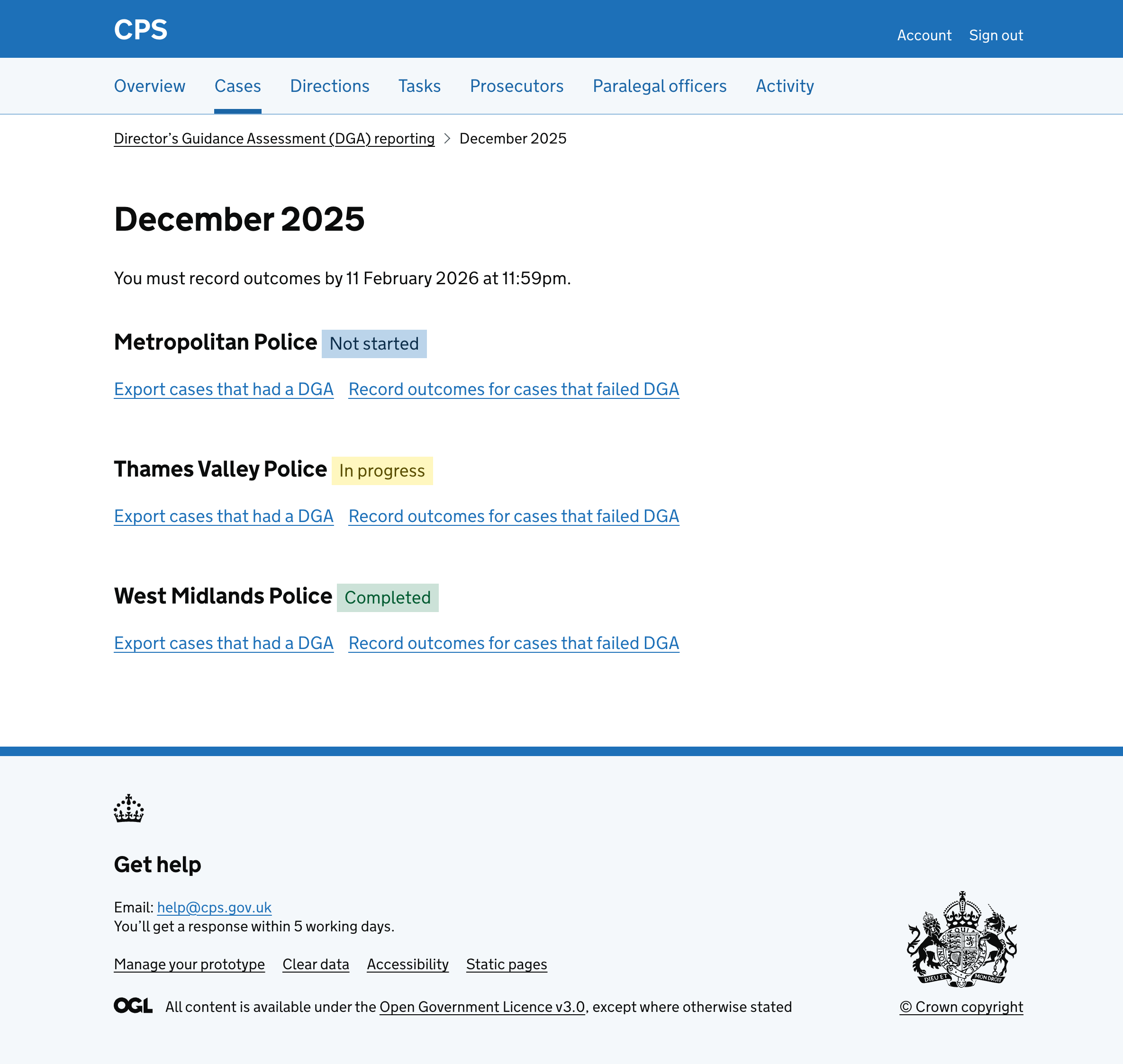 The December 2025 month view showing three police units: Metropolitan Police with a "Not started" tag, Thames Valley Police with an "In progress" tag, and West Midlands Police with a "Completed" tag. Each has links to export cases and record outcomes.