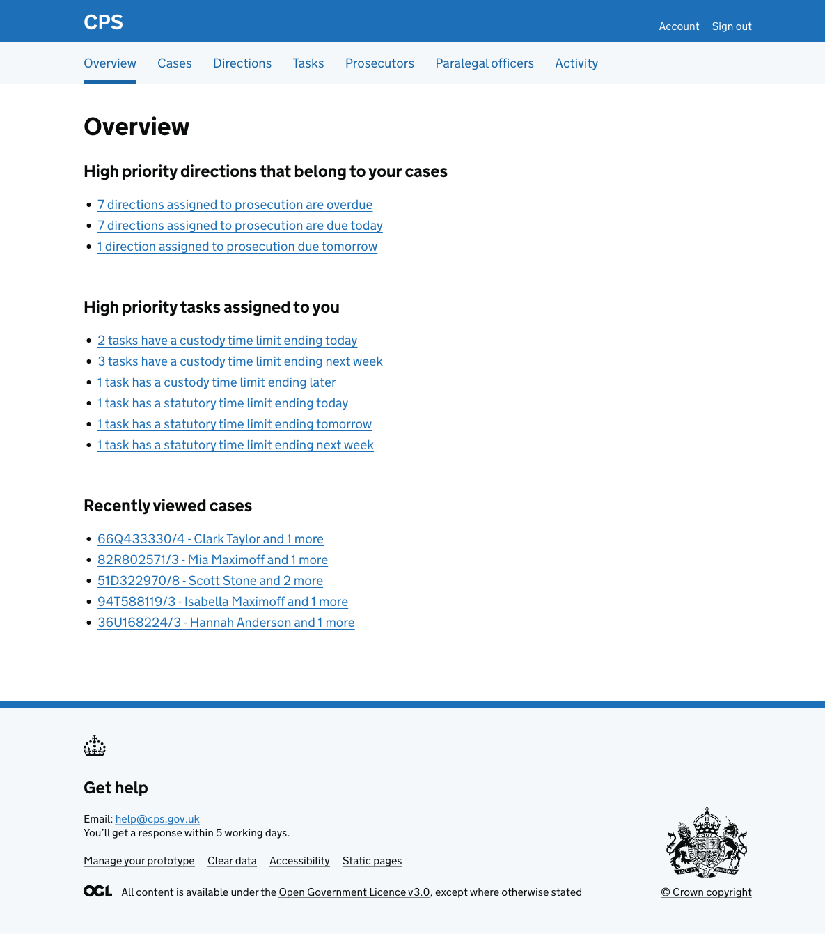 The overview page for Simon Whatley (a prosecutor), showing high priority directions and high priority tasks, followed by recently viewed cases.
