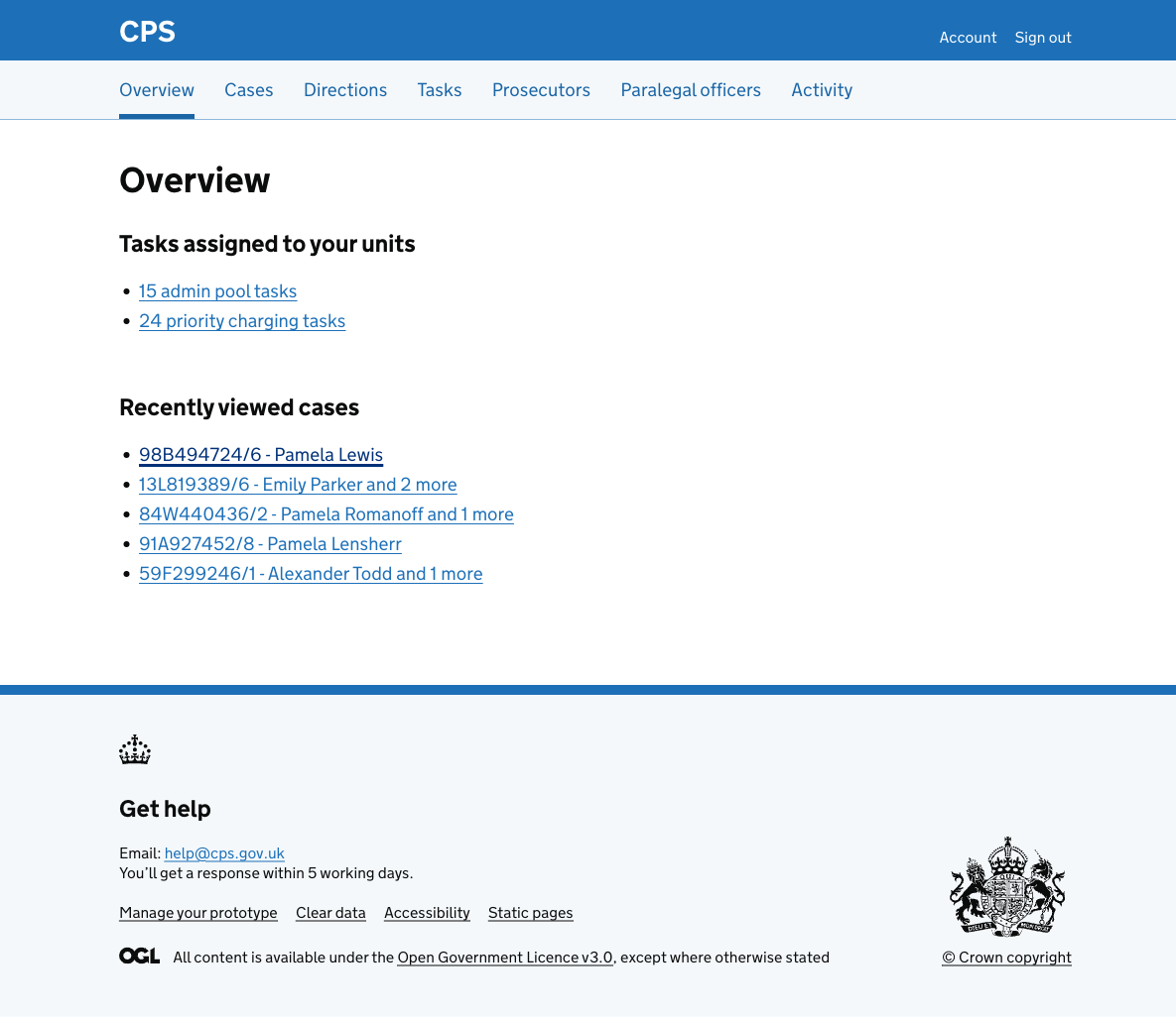 The overview page for Tony Stark (a casework assistant), showing tasks assigned to his units and recently viewed cases.