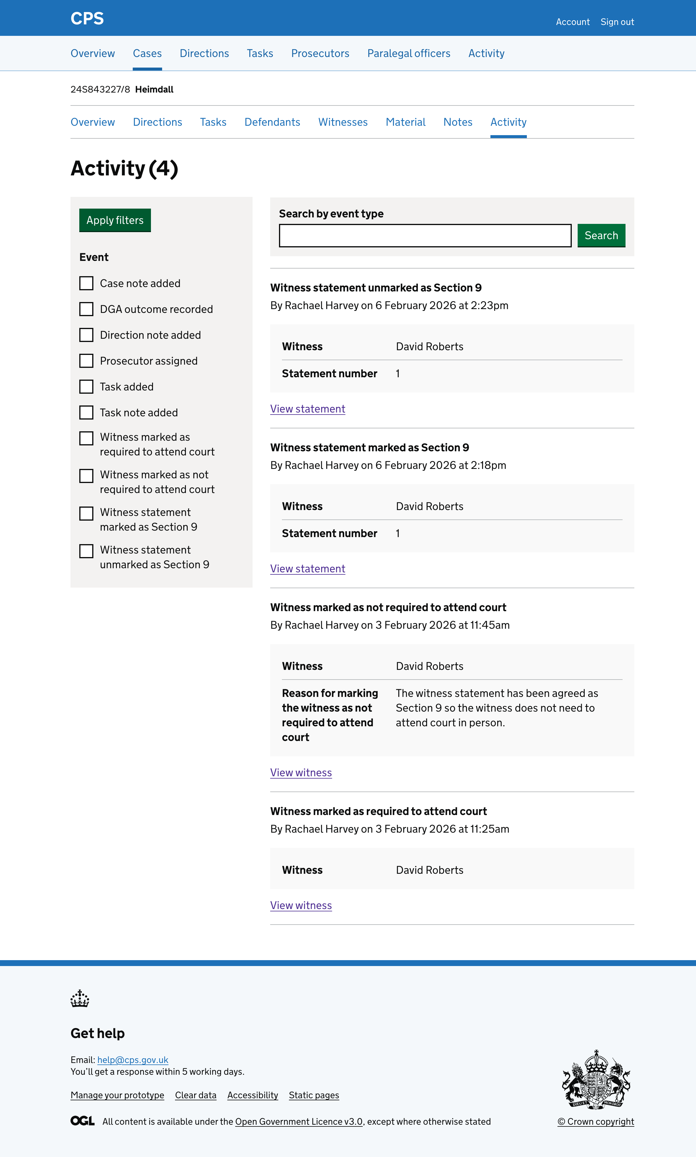 The case activity log showing an entry for "Witness statement unmarked as Section 9" by Rachael Harvey with the witness name David Roberts and statement number 1.