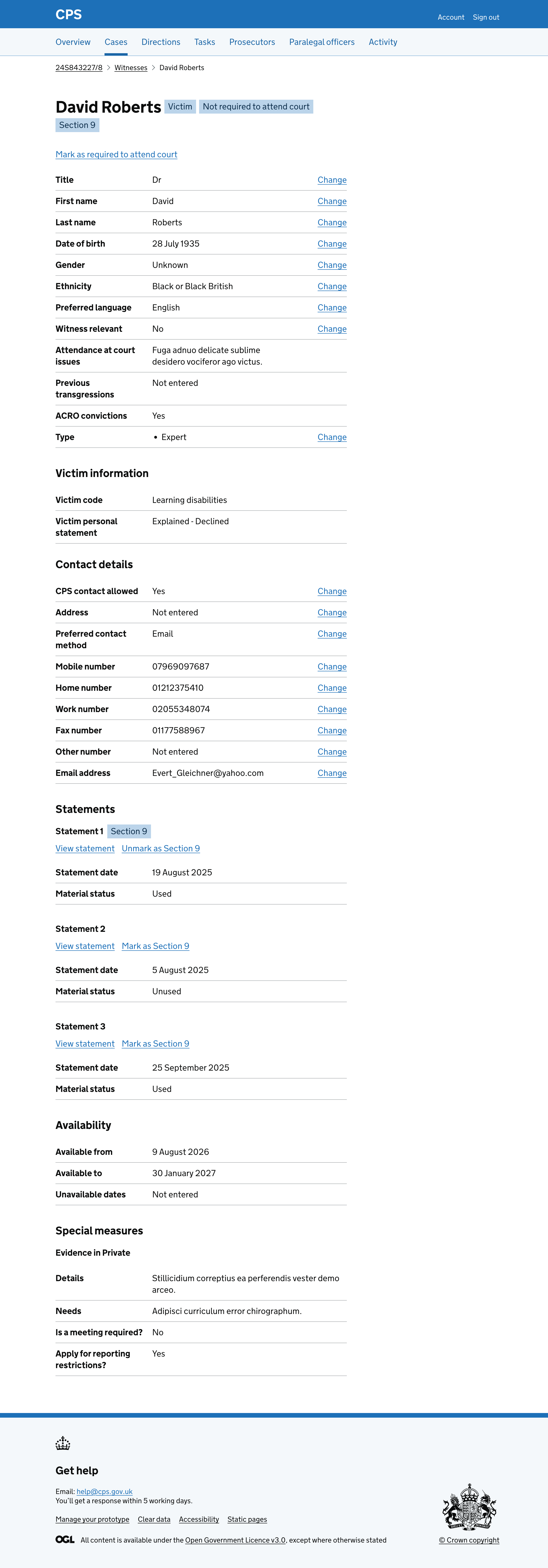 The witness details page for David Roberts showing Statement 1 with a "Section 9" tag and an "Unmark as Section 9" link.