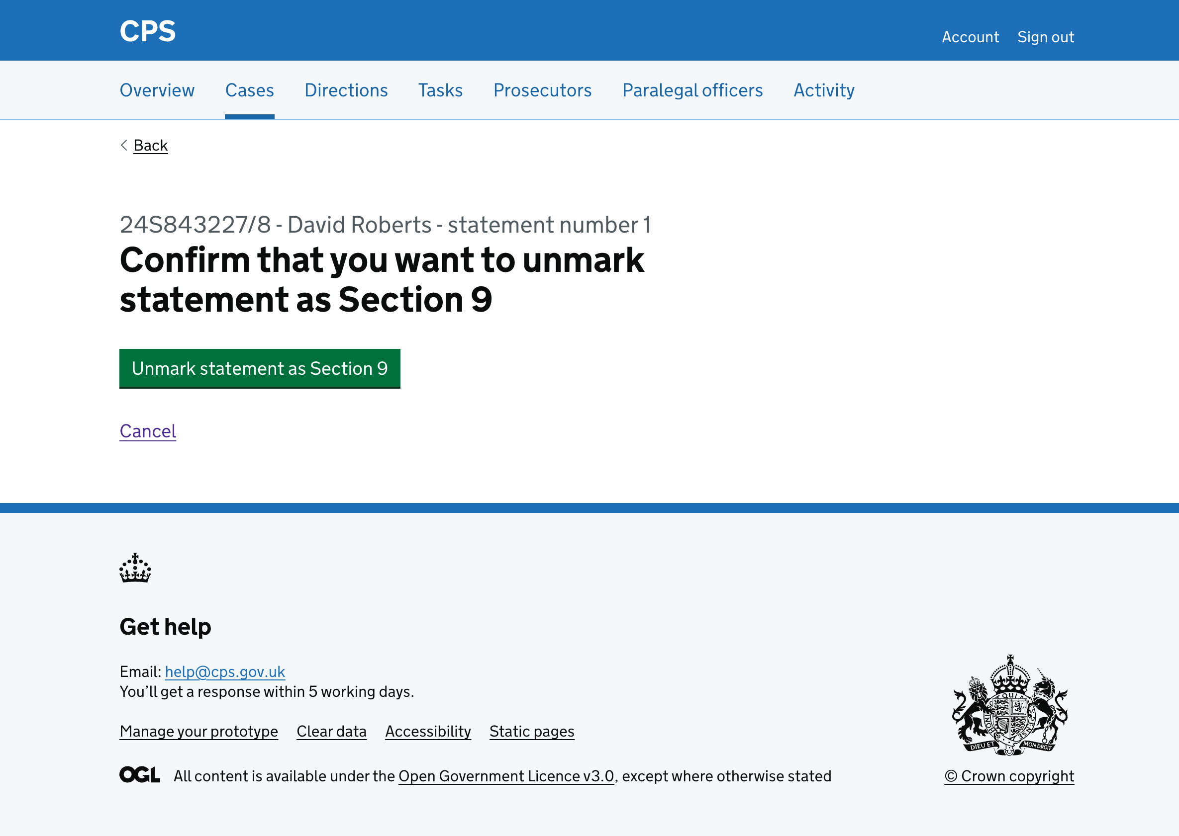 The confirmation page with the heading "Confirm that you want to unmark statement as Section 9" and a green button to confirm.