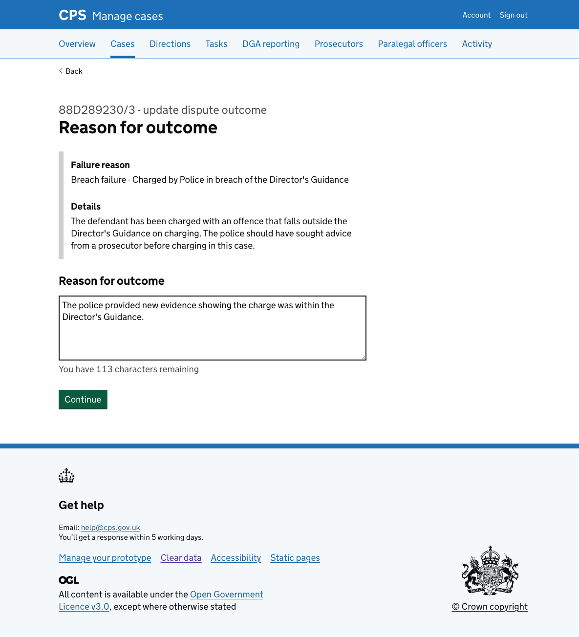 The "Reason for outcome" page with the existing answer already filled in the text area.