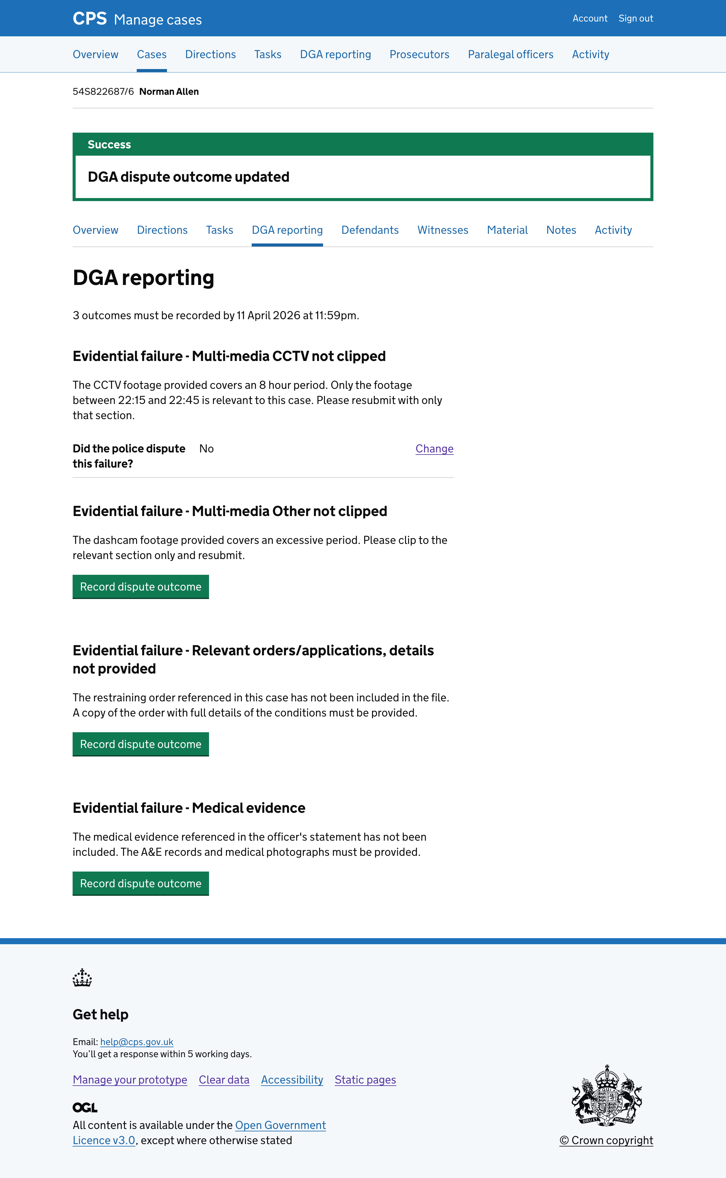 The DGA reporting page with a green "Success" banner reading "DGA dispute outcome updated".