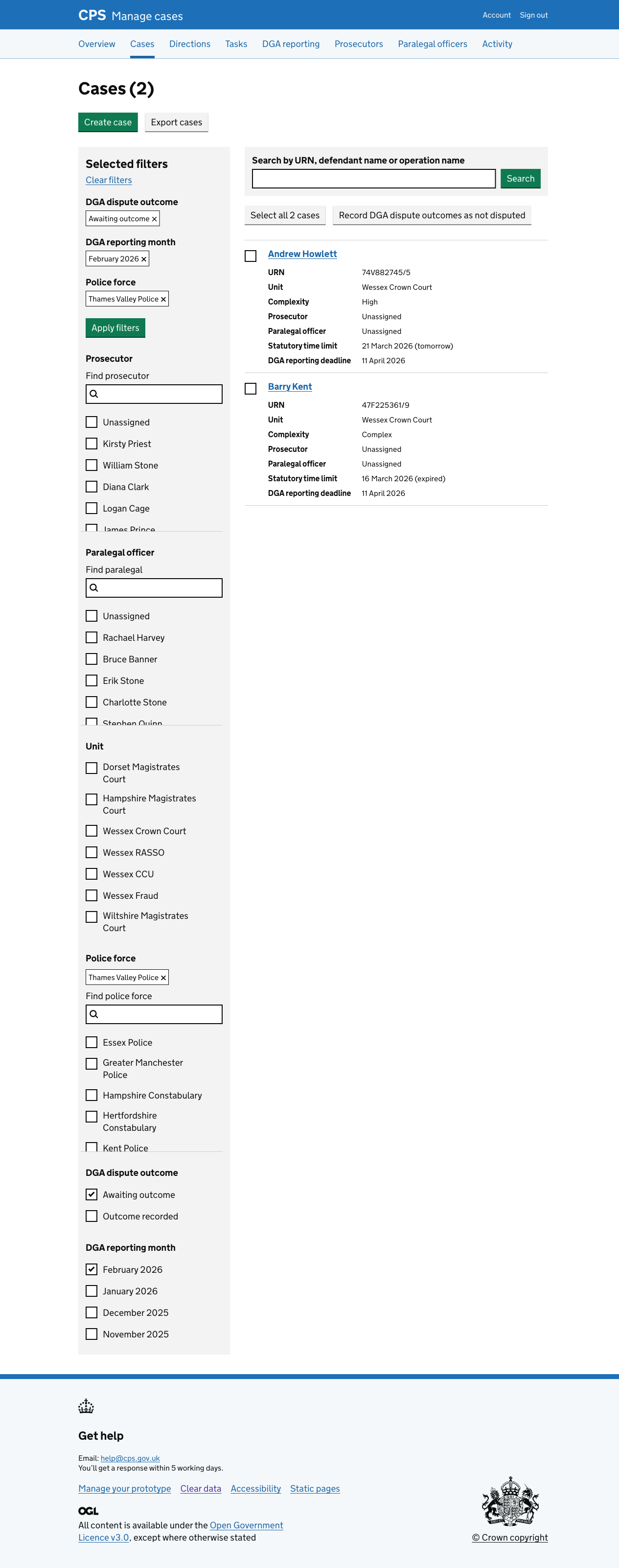 The case list filtered to Thames Valley Police, February 2026, and "Awaiting outcome". The selected filters are shown at the top of the filter panel. Two cases are shown, each displaying a "DGA reporting deadline" of 11 April 2026. Above the case list are two buttons: "Select all 2 cases" and "Record DGA dispute outcomes as not disputed".