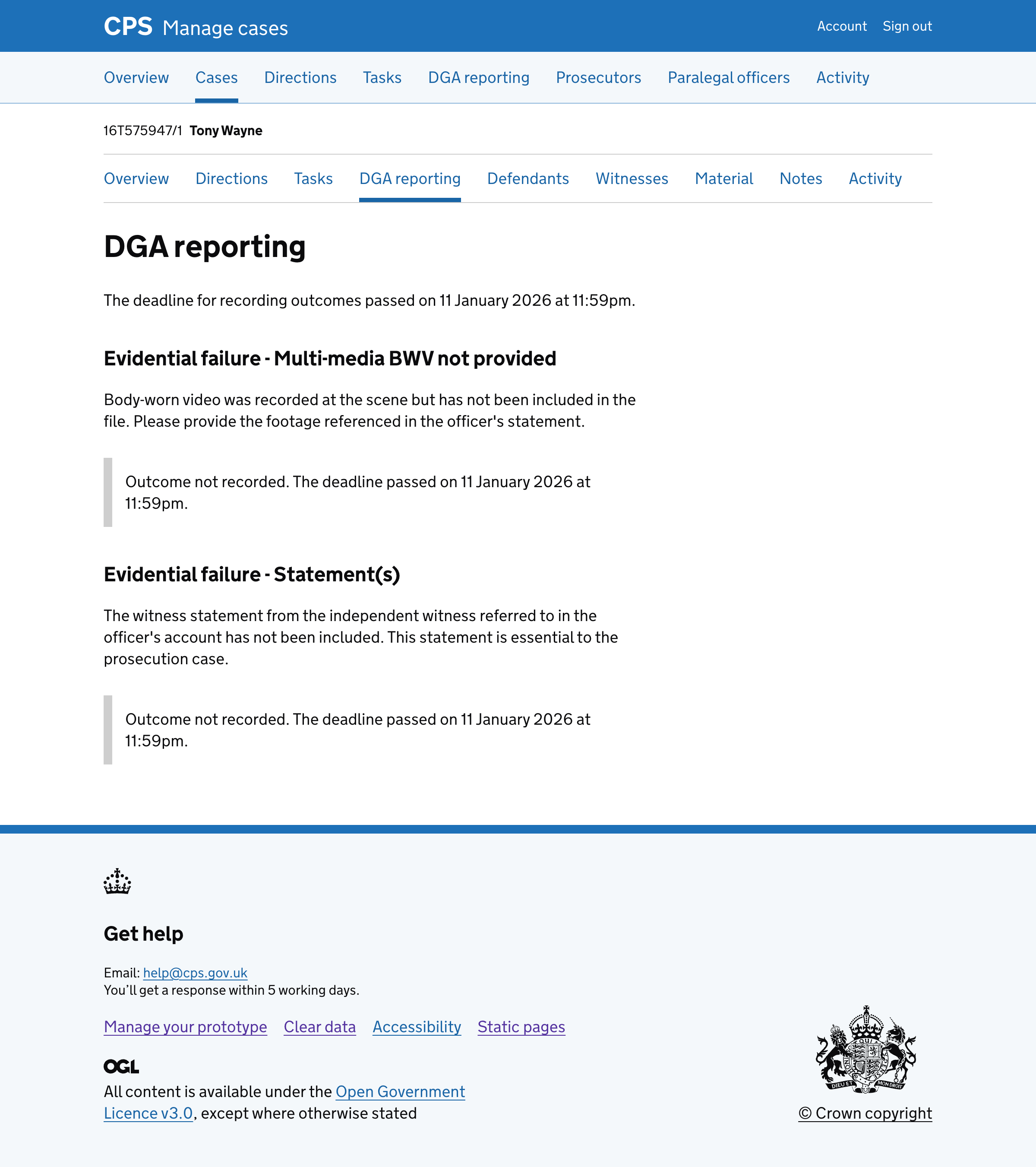 The DGA reporting tab for a case with 2 failure reasons, both with unrecorded outcomes. An inset message under each failure reason reads "Outcome not recorded. The deadline passed on 11 January 2026 at 11:59pm."