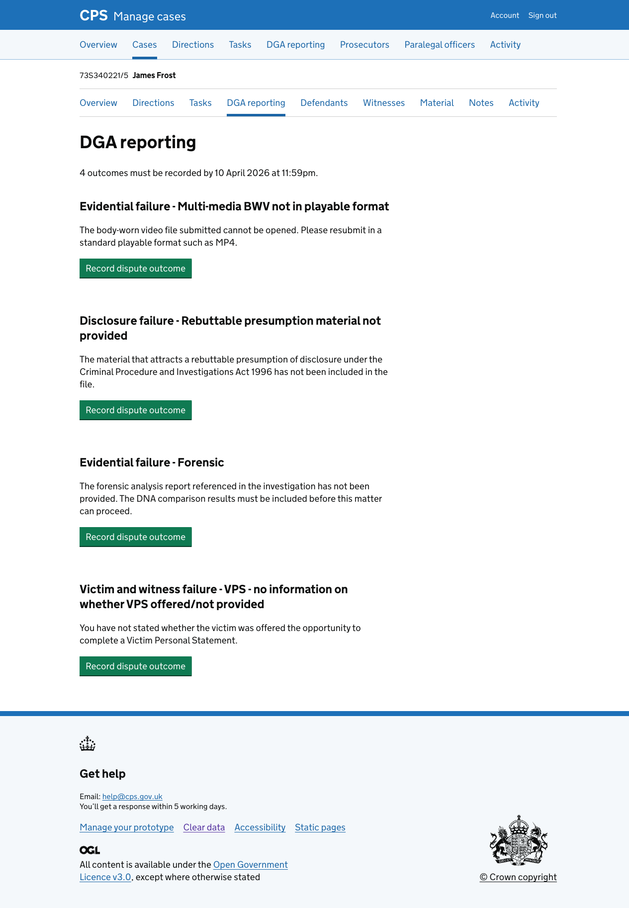 The DGA reporting tab for a case with 4 failure reasons, all awaiting outcomes. Each failure reason shows its description and a "Record dispute outcome" button. The heading shows "4 outcomes must be recorded by 10 April 2026 at 11:59pm."