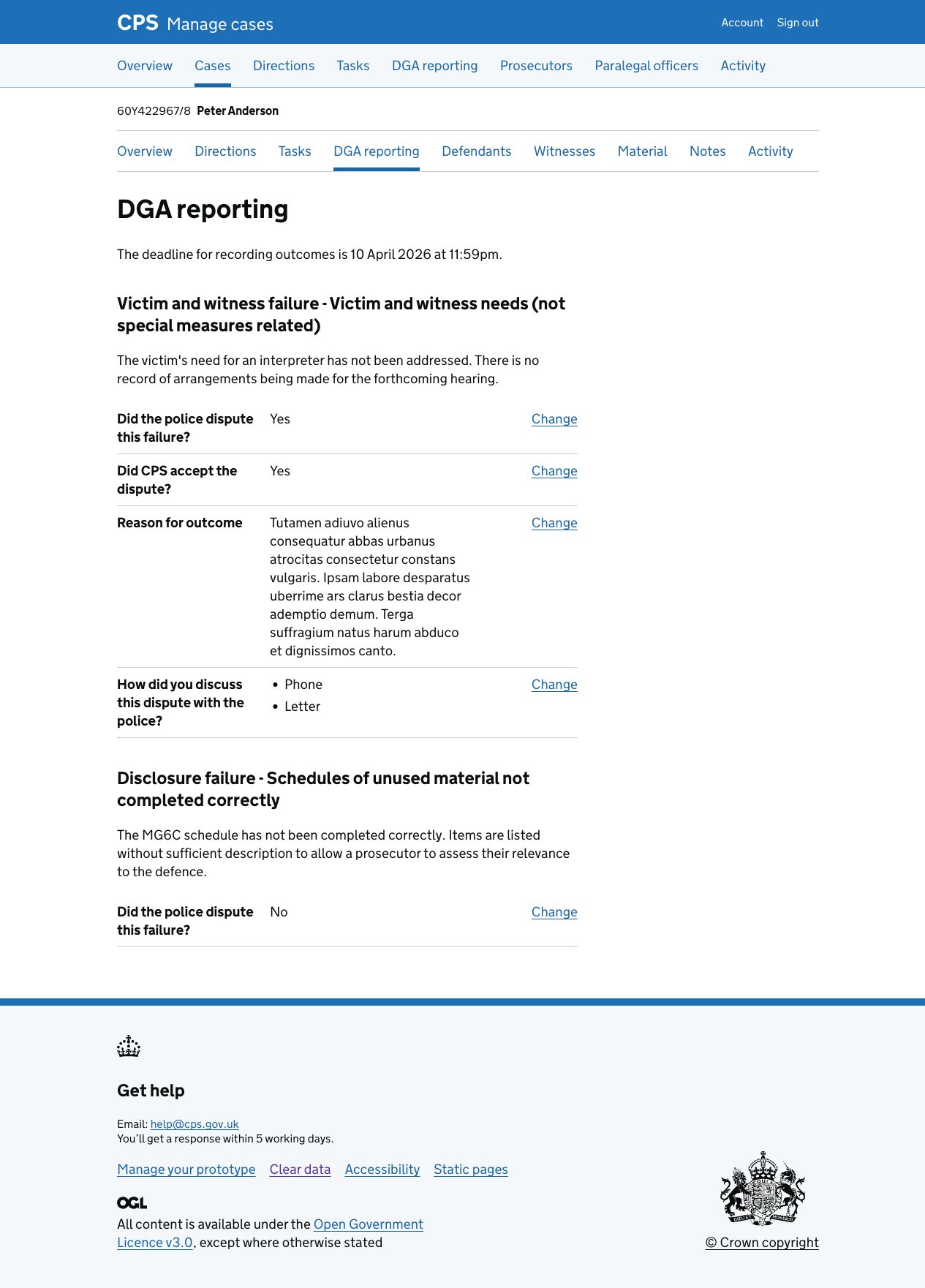 The DGA reporting tab for a case with 2 failure reasons, both with outcomes recorded. The first failure reason shows a full summary list with "Yes" for dispute, "Yes" for CPS acceptance, a reason for outcome, and discussion methods. The second shows only "No" for dispute. Both have Change links.