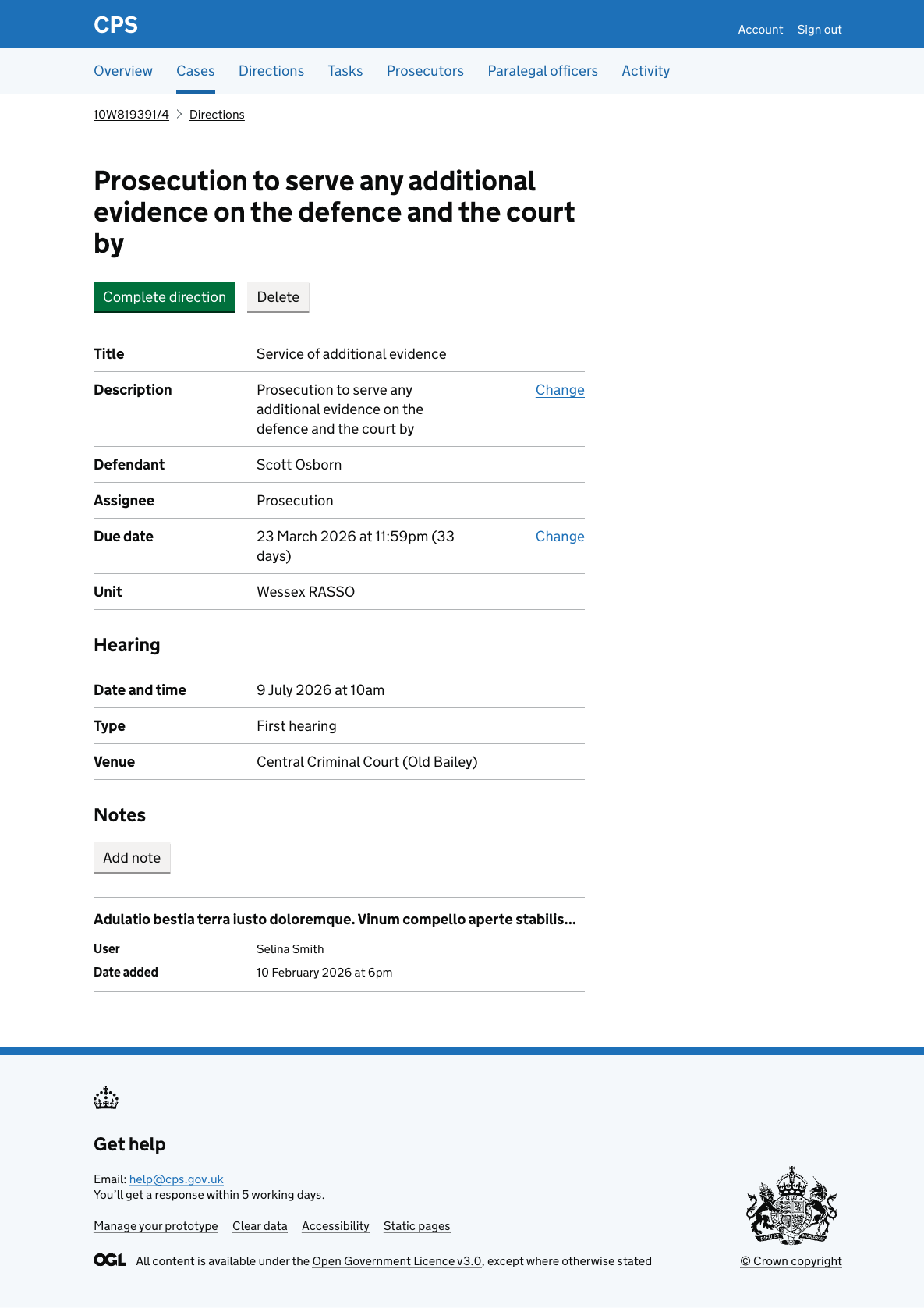 The direction details page showing the direction description as the heading, Complete direction and Delete buttons, a summary list with title, description, defendant, assignee, due date, and unit, a Hearing section, and a Notes section with one note.