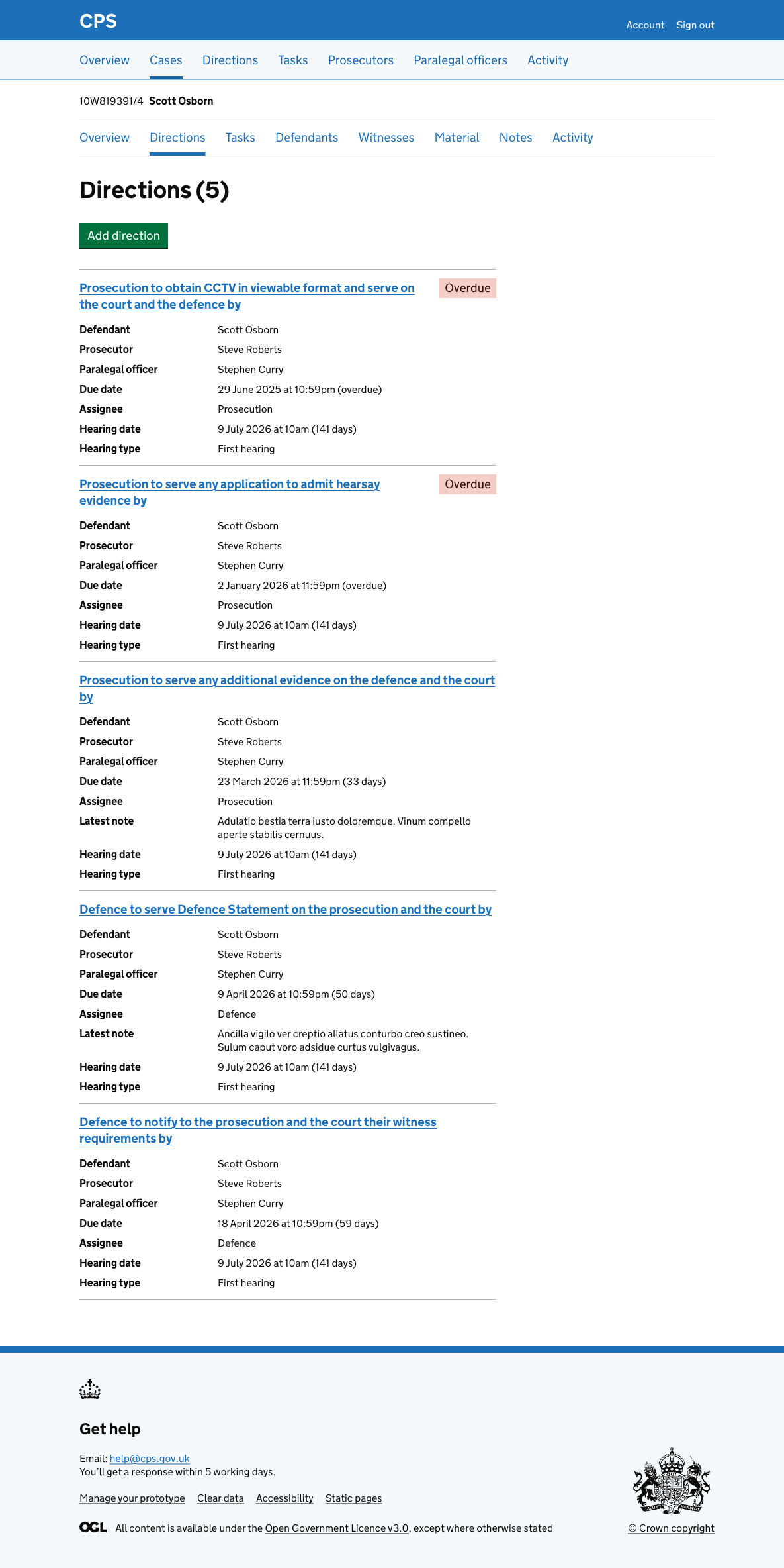 The case direction list for case 10W819391/4, showing 5 directions sorted by due date. Two overdue directions are tagged accordingly. Cards show defendant, prosecutor, paralegal officer, due date, assignee, notes, and hearing date.