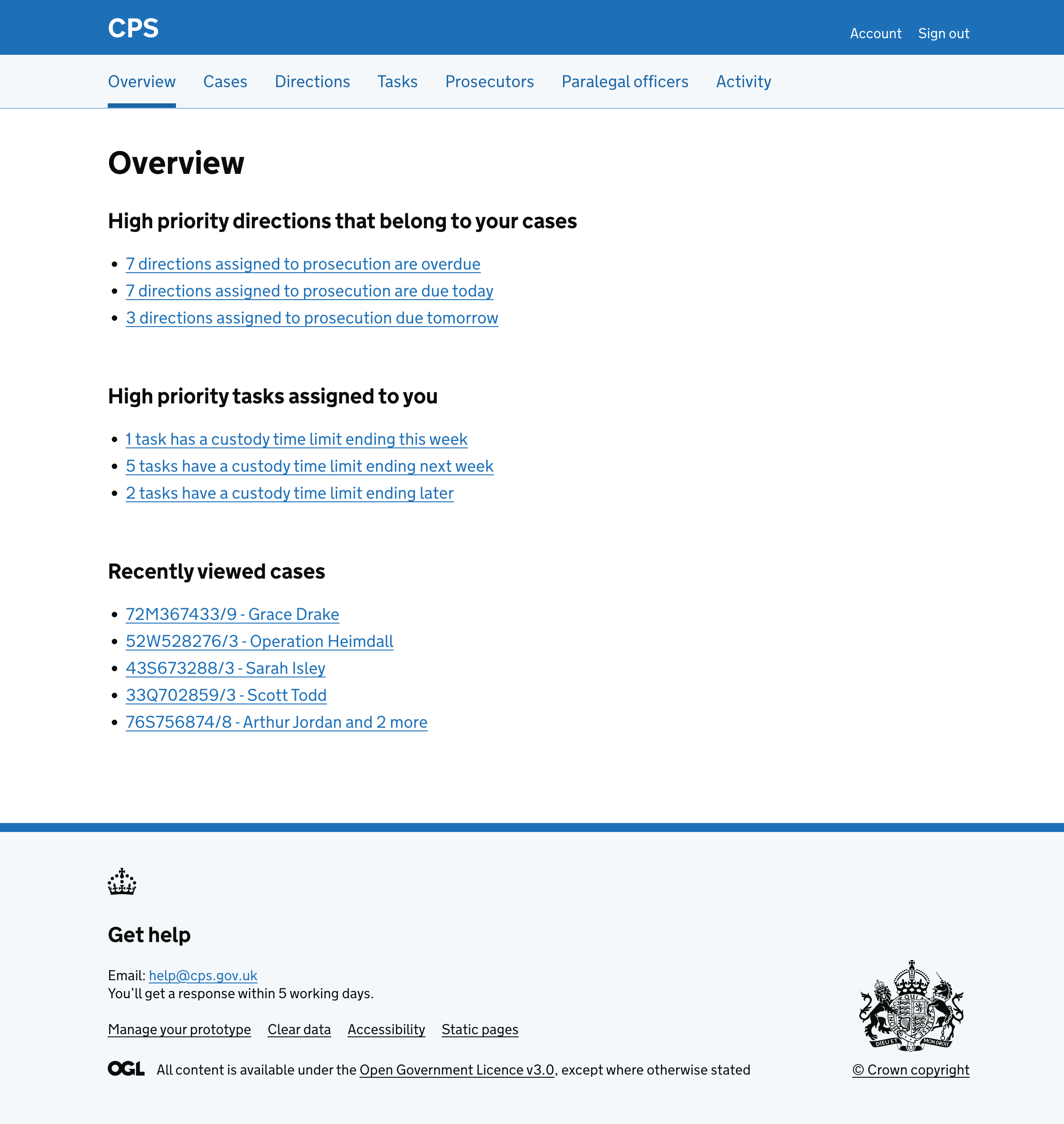The overview page showing a "Recently viewed cases" section at the bottom. The section lists 5 cases, each with their reference number and either an operation name or defendant name as a link.