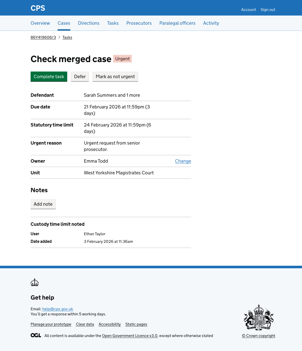 The task details page for "Check merged case", showing an Urgent tag, Complete task, Defer, and Mark as not urgent buttons, a summary list with defendant, due date, statutory time limit, urgent reason, owner, and unit, and a Notes section with one note.