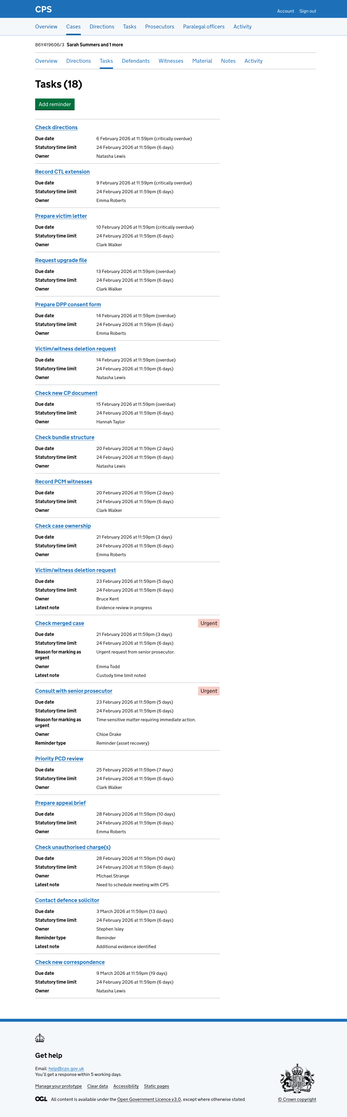 The case task list for case 86Y419606/3, showing 18 tasks sorted by due date. Tasks include urgent tags, overdue indicators, statutory time limit dates, notes, and reminder types.