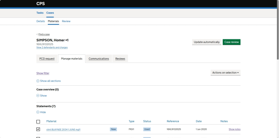 A screenshot of the possible design showing a single manage materials tab