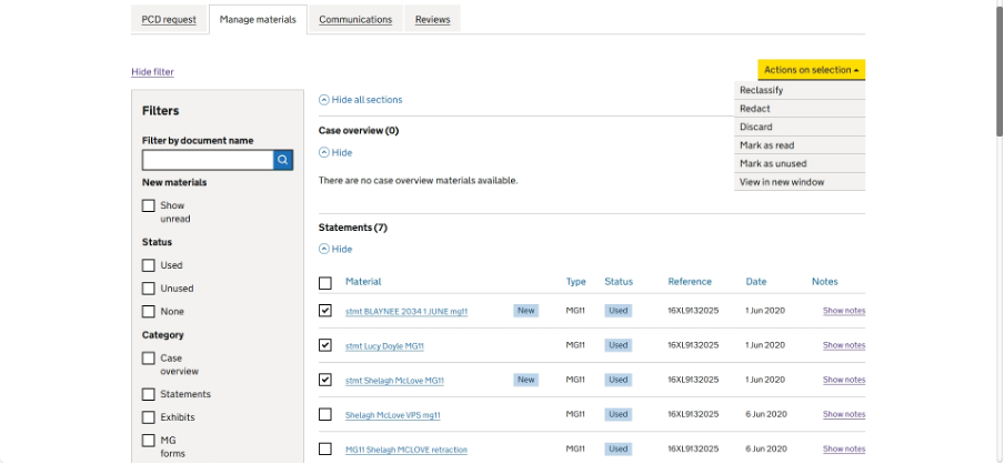 A screenshot showing bulk actions on selection in the materials list view